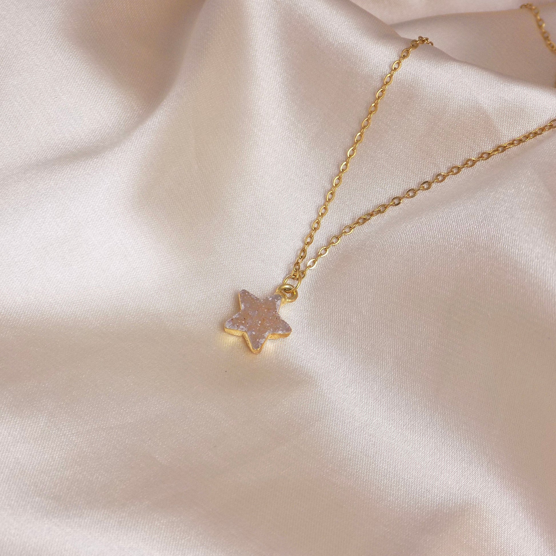 Tiny Star Natural Druzy Crystal Necklace on 18K Gold Stainless Steel Chain, G15-25