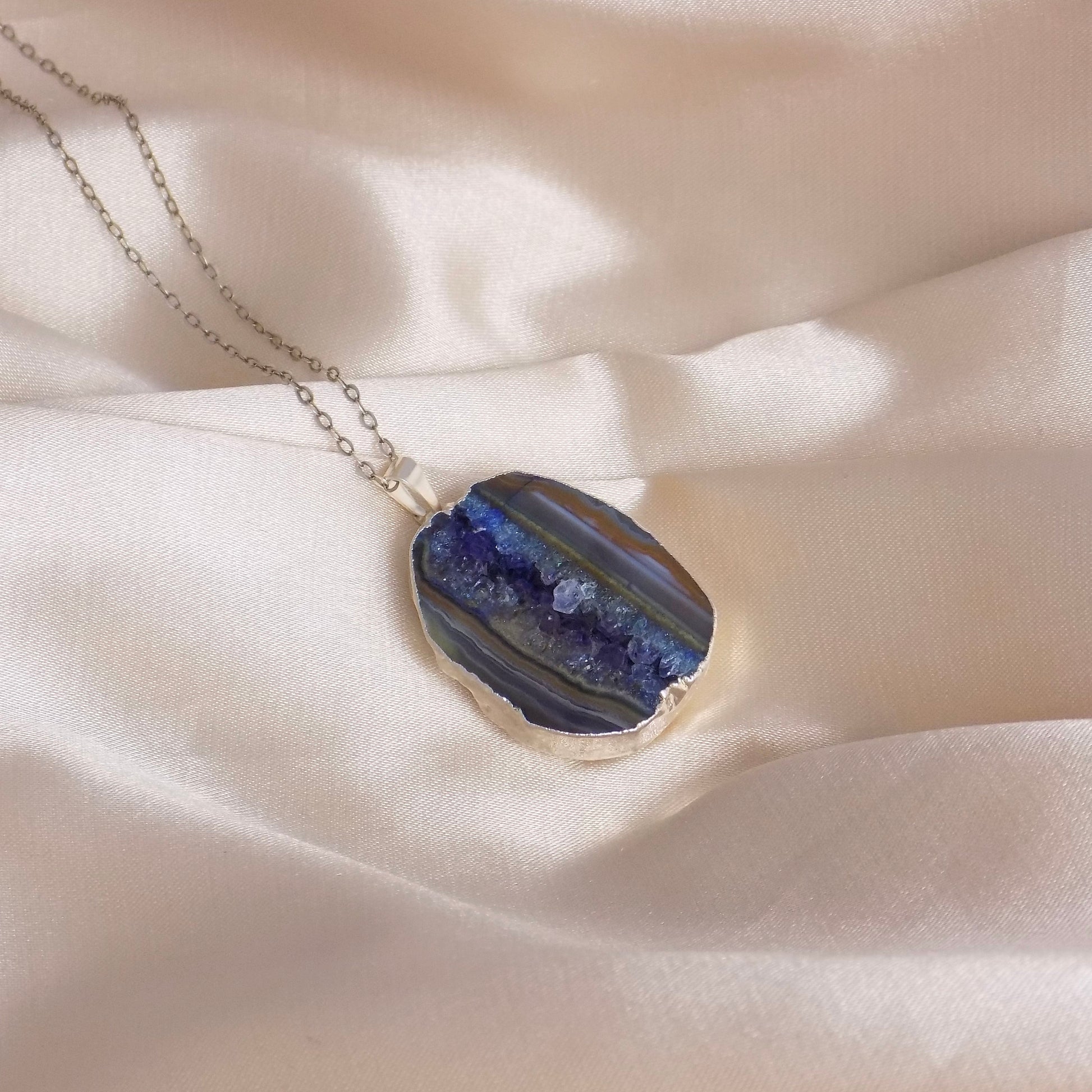 Blue Geode Necklace Silver, Druzy Necklace For Women, Gifts For Mom, G14-849