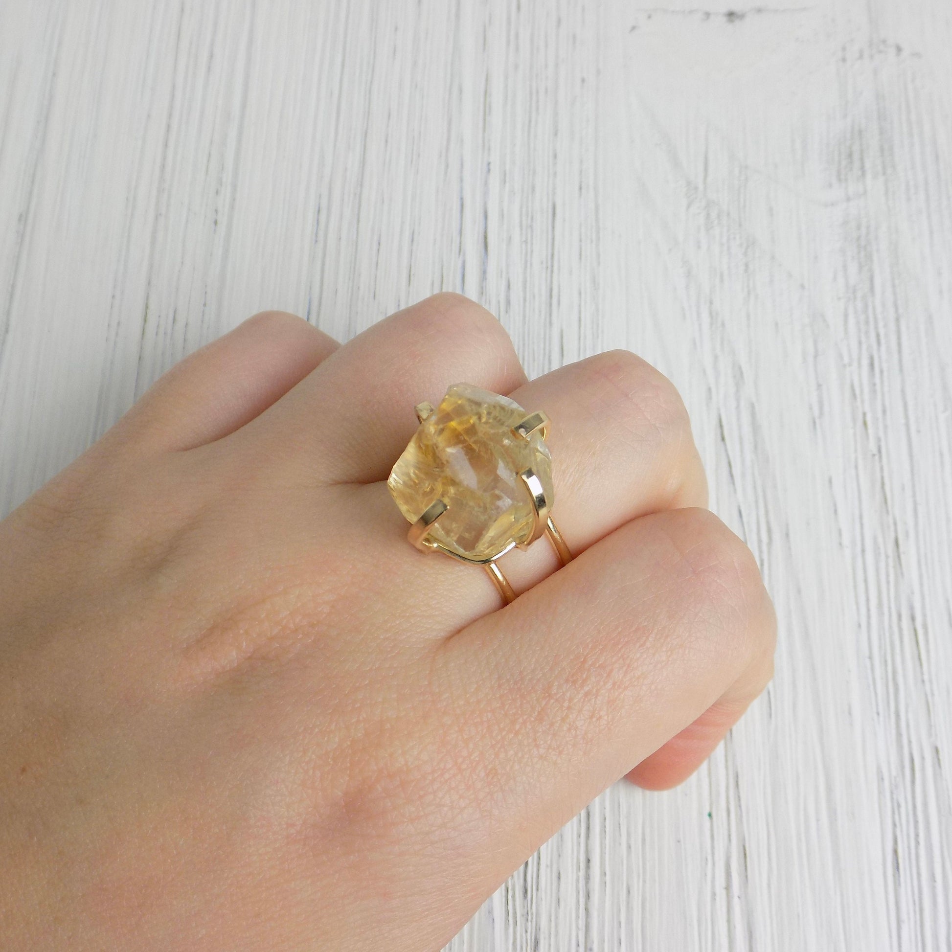Citrine Ring - Raw Citrine Ring Gold Plated Adjustable Band