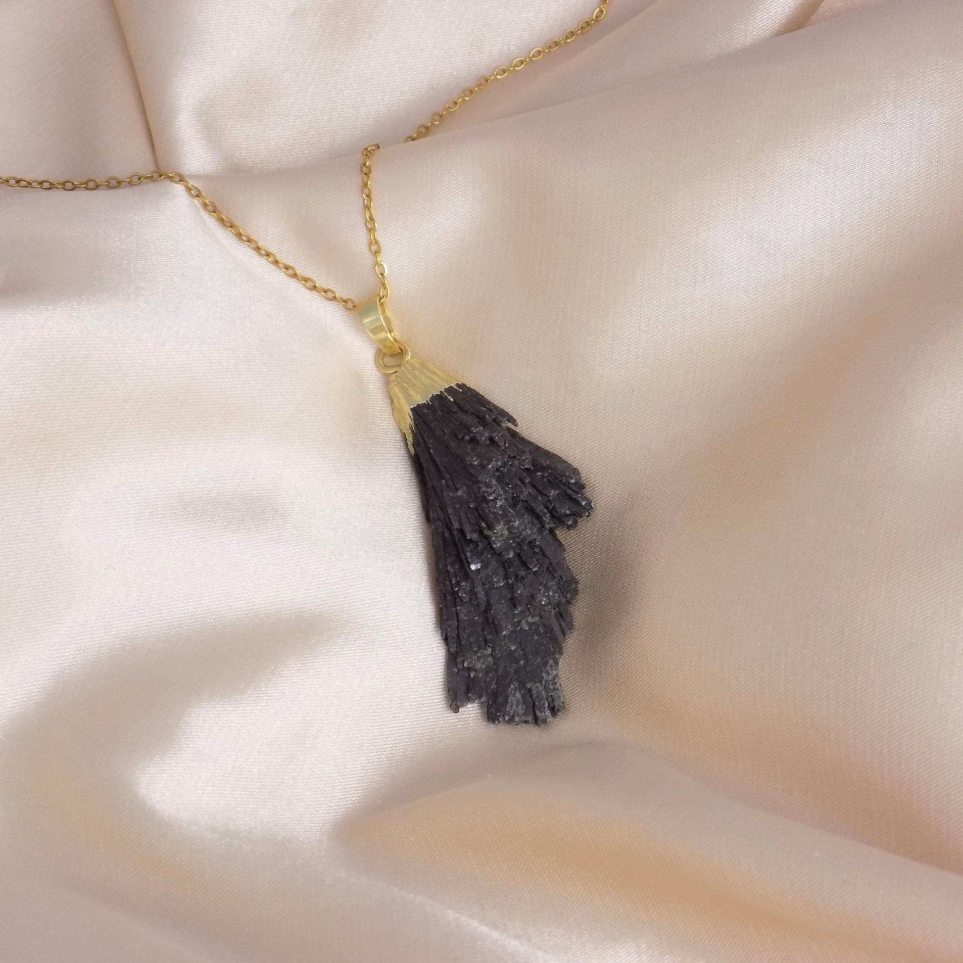 Raw Black Kyanite Pendant Necklace Gold Layer, Rustic Boho Jewelry, M7-18