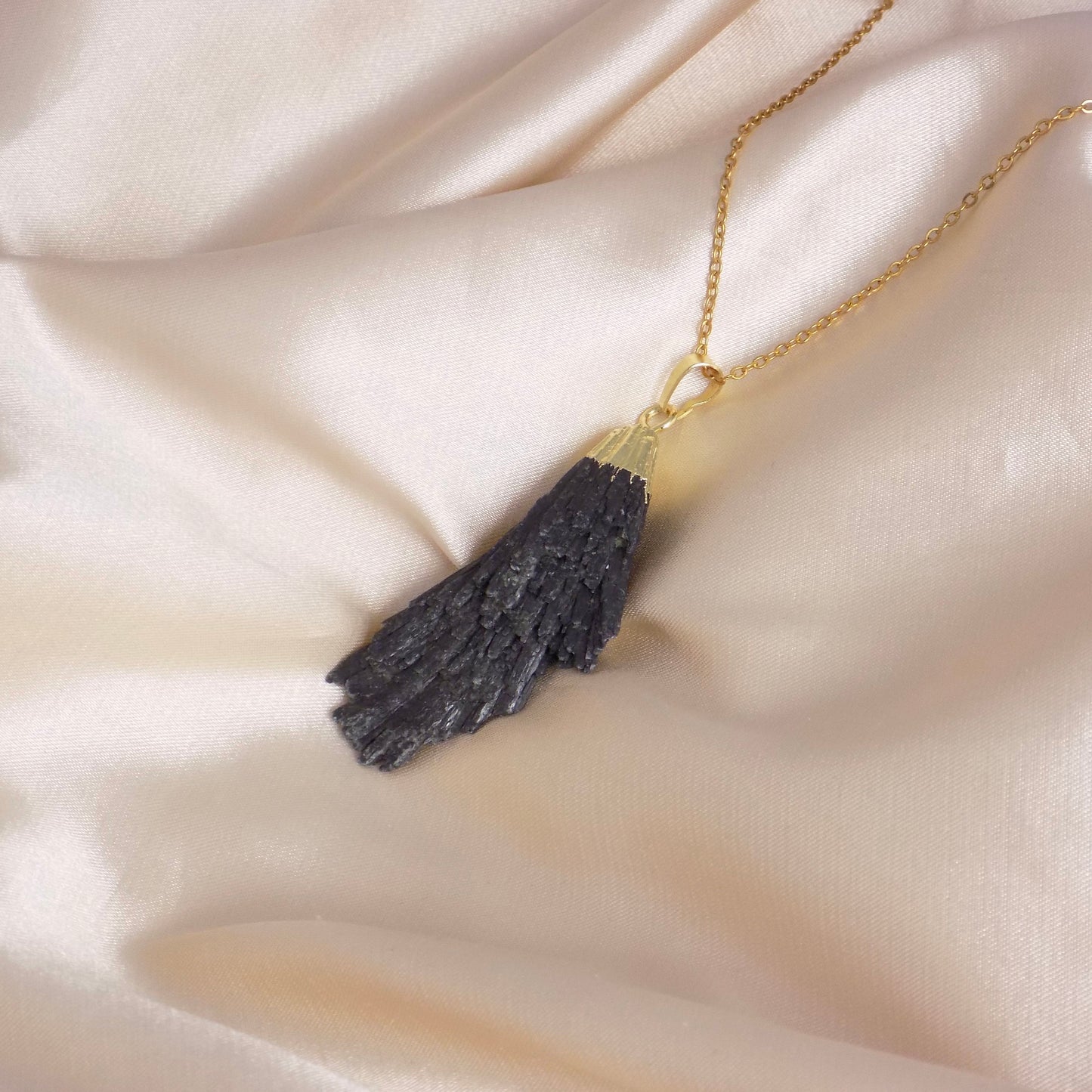 Raw Black Kyanite Pendant Necklace Gold Layer, Rustic Boho Jewelry, M7-18