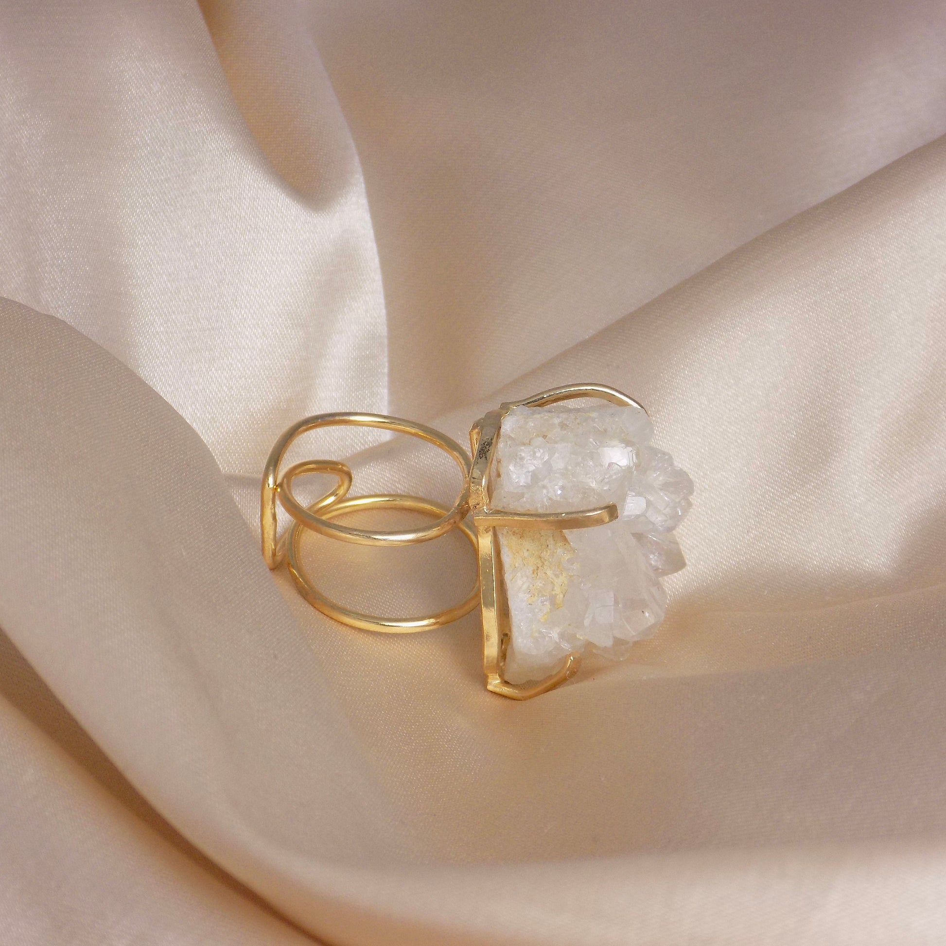 Raw Crystal Statement Ring Gold Plated Adjustable, White Sparkly Gemstone, G15-47