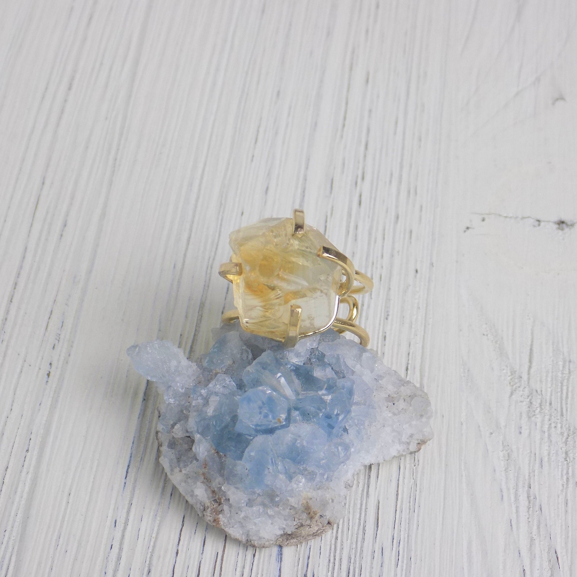 Citrine Ring - Raw Citrine Ring Gold Plated Adjustable Band
