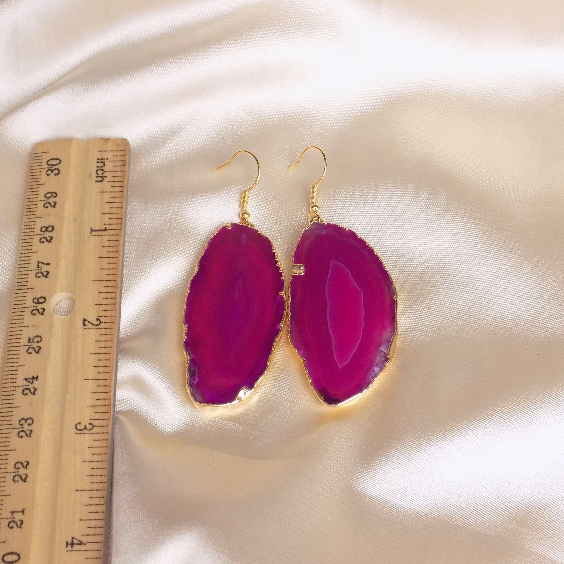 Pink Agate Statement Earrings Gold, Sliced Geode Earrings, Unique Boho Crystal Gifts Women, G15-85