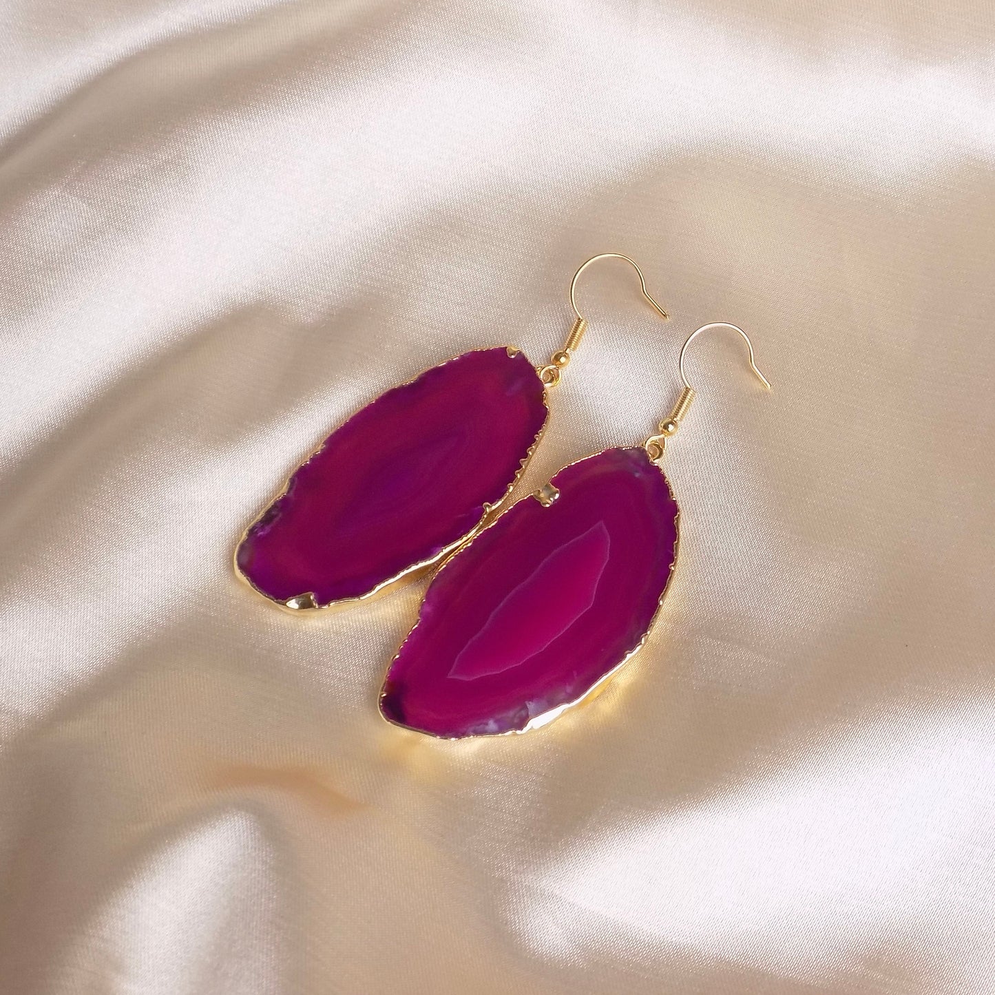 Pink Agate Statement Earrings Gold, Sliced Geode Earrings, Unique Boho Crystal Gifts Women, G15-85