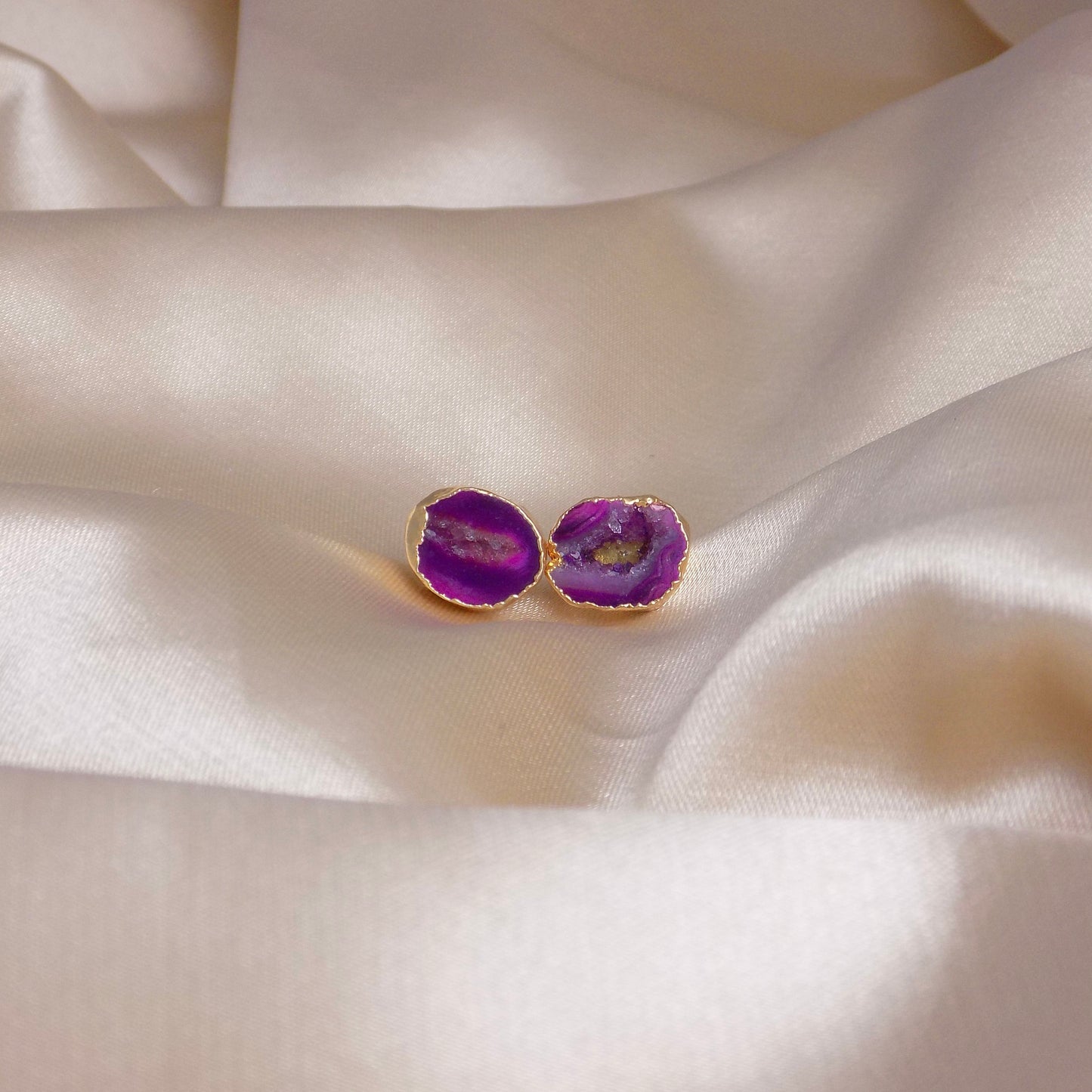 Unique Pink Gemstone Stud Earrings Gold, Geode Cave Crystal Earrings, Gift Women, G15-71