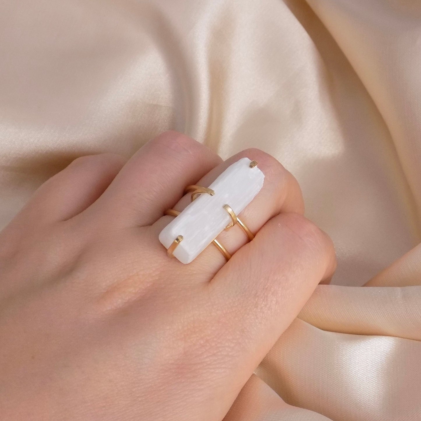 White Selenite Ring Gold, Raw Chakra Crystal Ring, Large Natural Gemstone Adjustable, Gift Women, G15-80