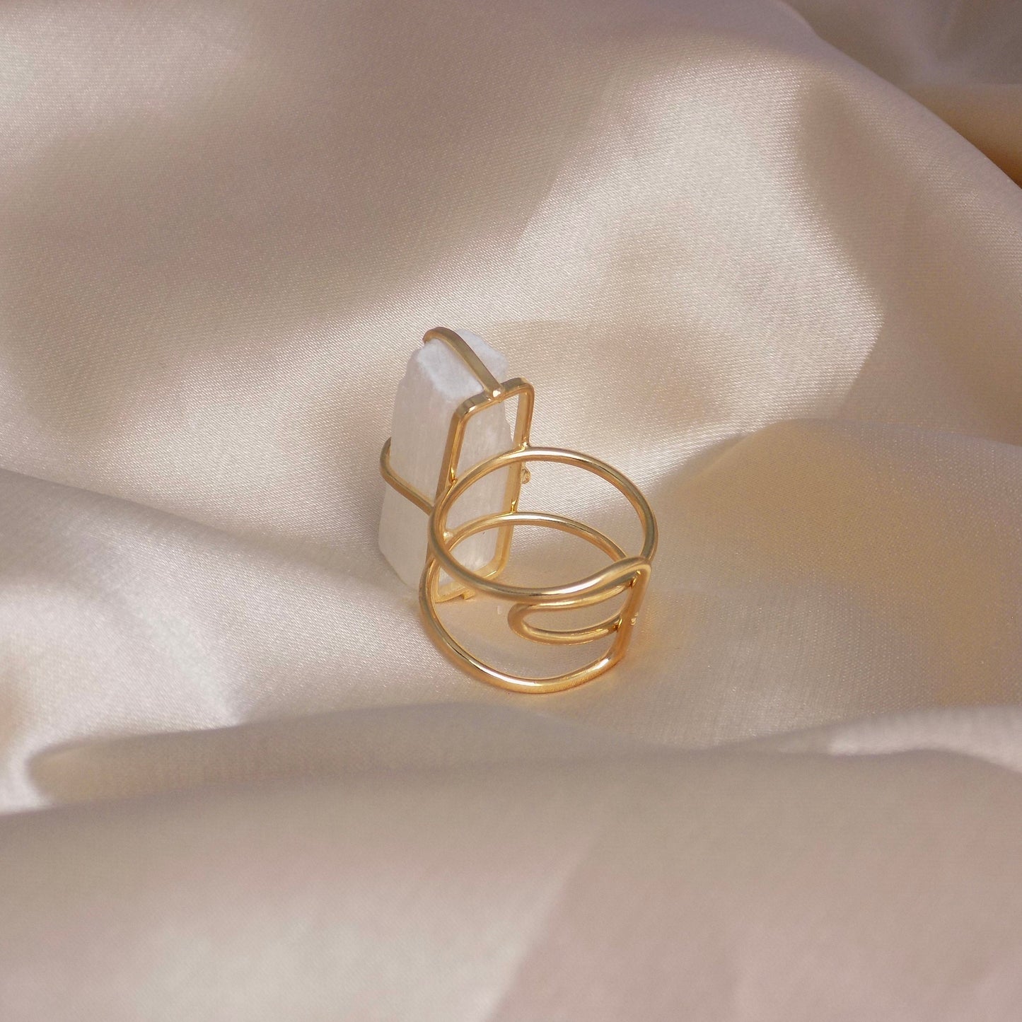 White Selenite Ring Gold, Raw Chakra Crystal Ring, Large Natural Gemstone Adjustable, Gift Women, G15-80