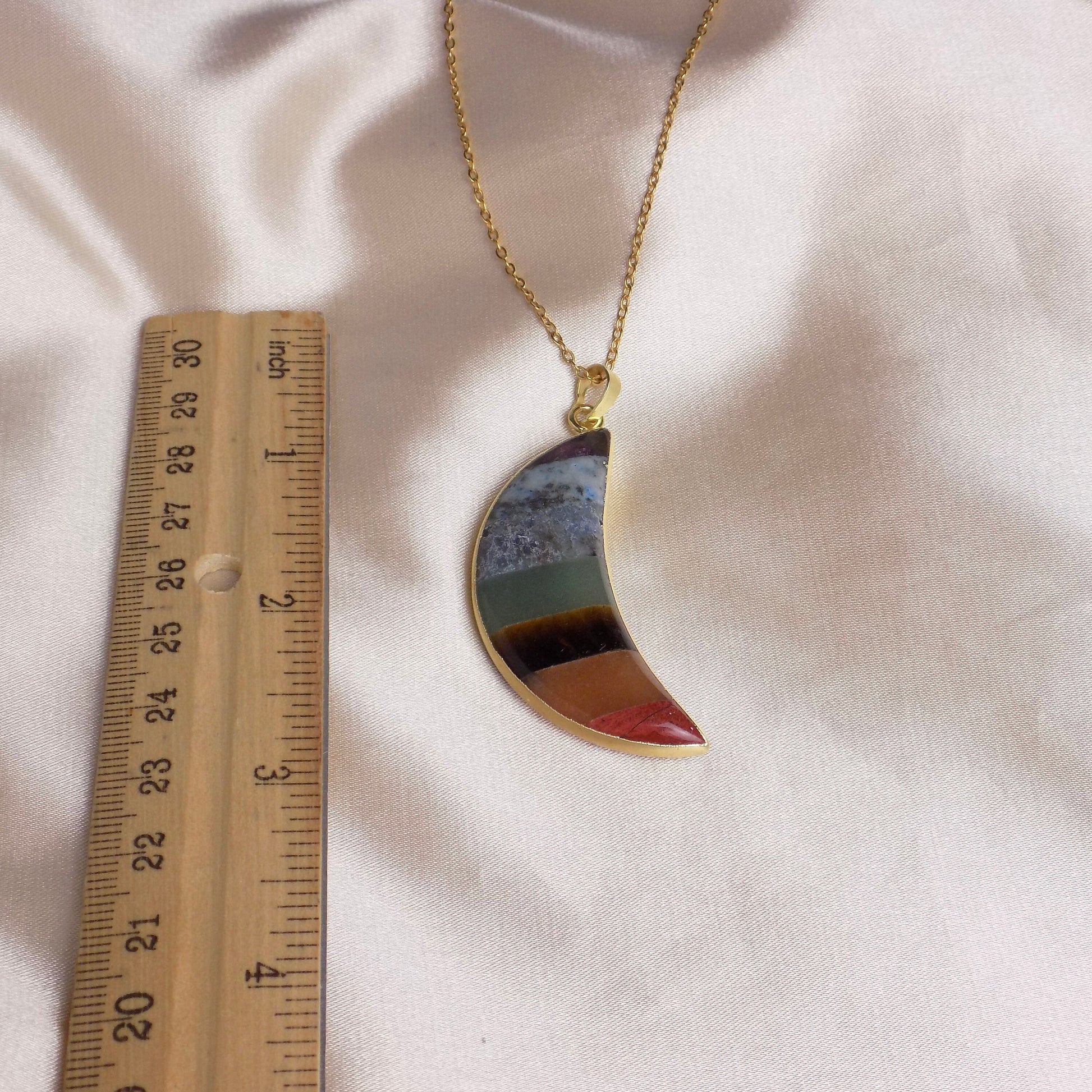 Seven Chakra Crystal Necklace Gold, Large Crescent Moon Necklace Boho Layer, Gift Women, M7-26