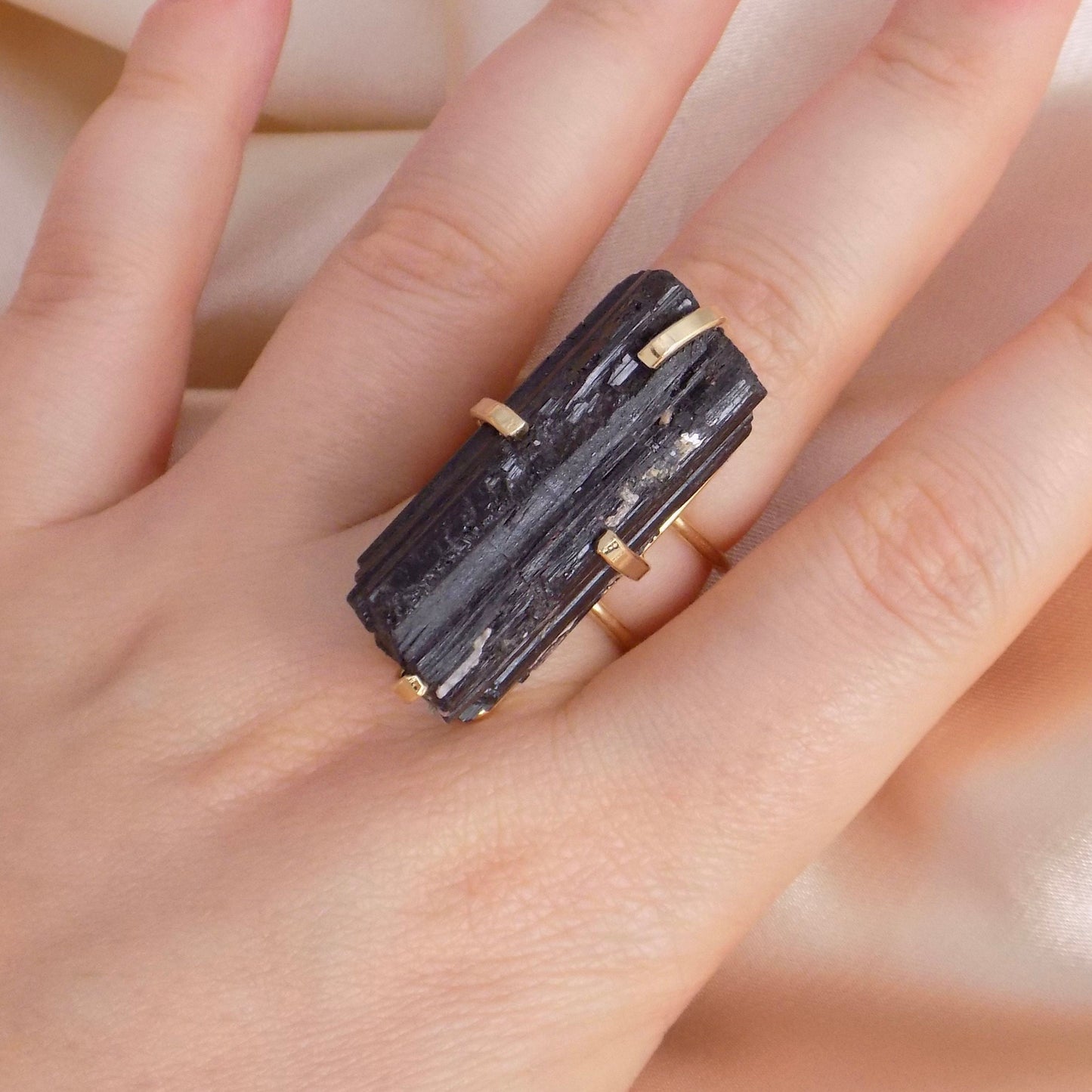 Raw Black Tourmaline Ring Gold Adjustable, Large Black Stone Statement Ring, Mothers Gifts For Her, G15-87