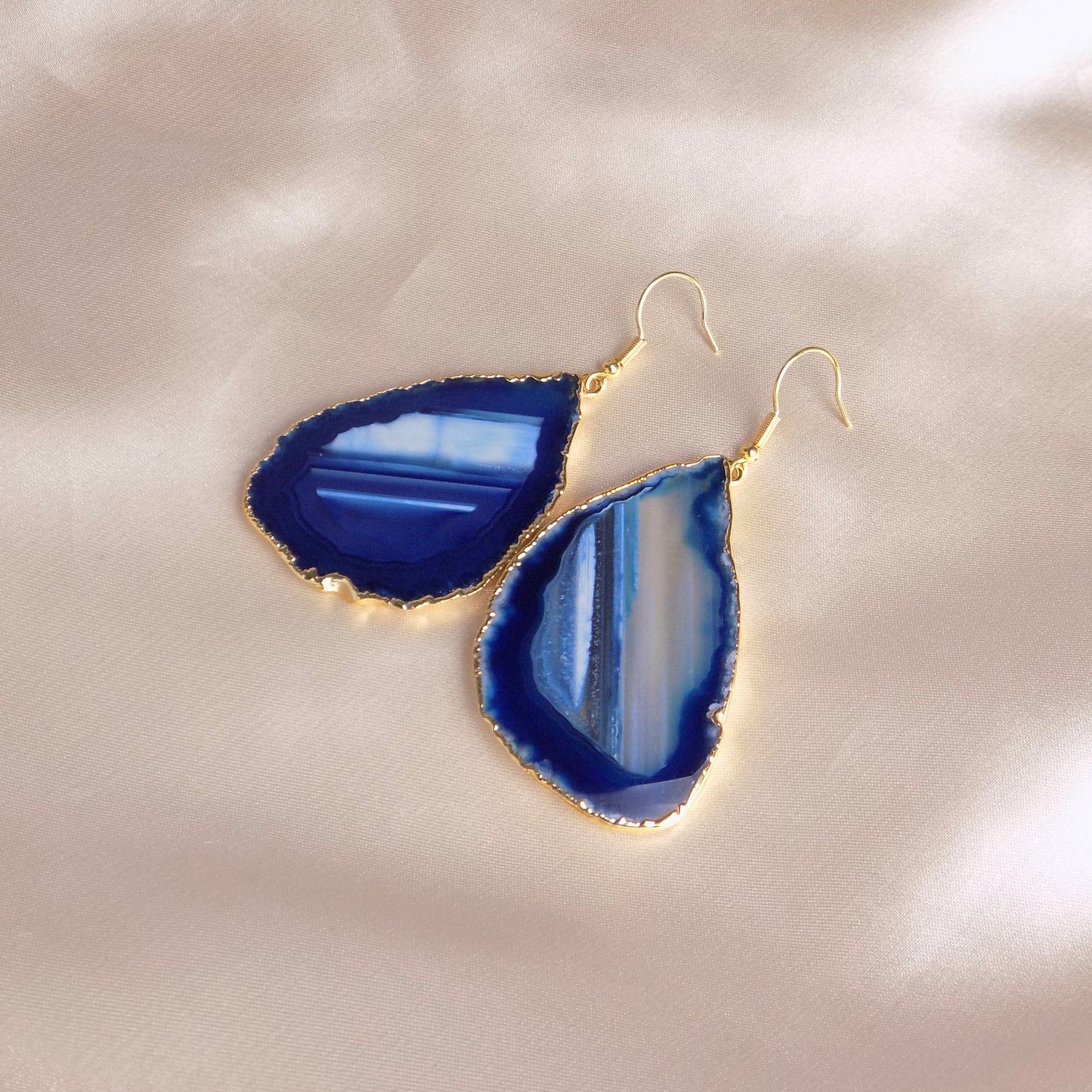 Blue Statement Earrings, Agate Slice Earring Gold, Large Gemstone Dangle, Geode Earrings, Gift Women, G15-89