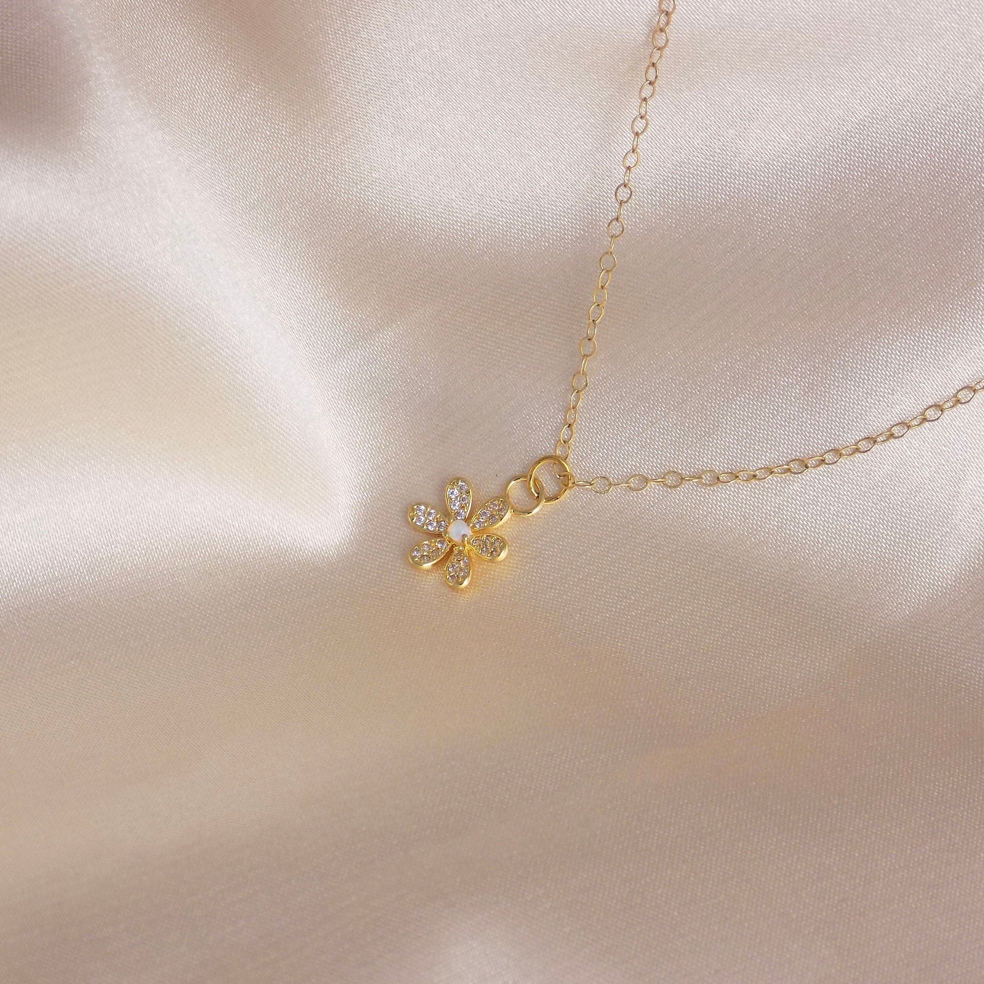 Opal Flower Charm Necklace Gold, Minimalist Cubic Zirconia Pendant For Women, M7-31
