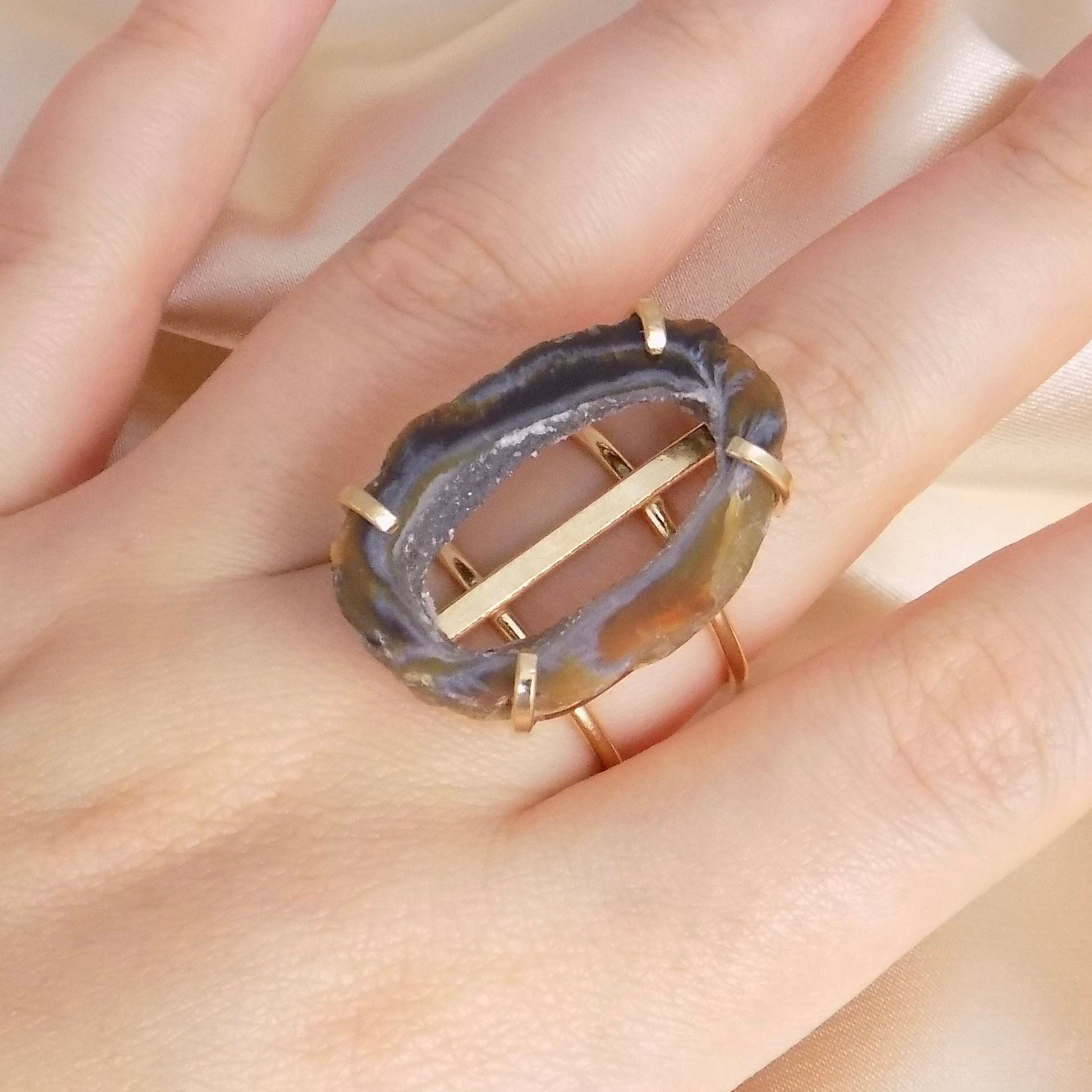 Brown Geode Slice Ring Gold Plated Adjustable Band, Druzy Gemstone, G15-100