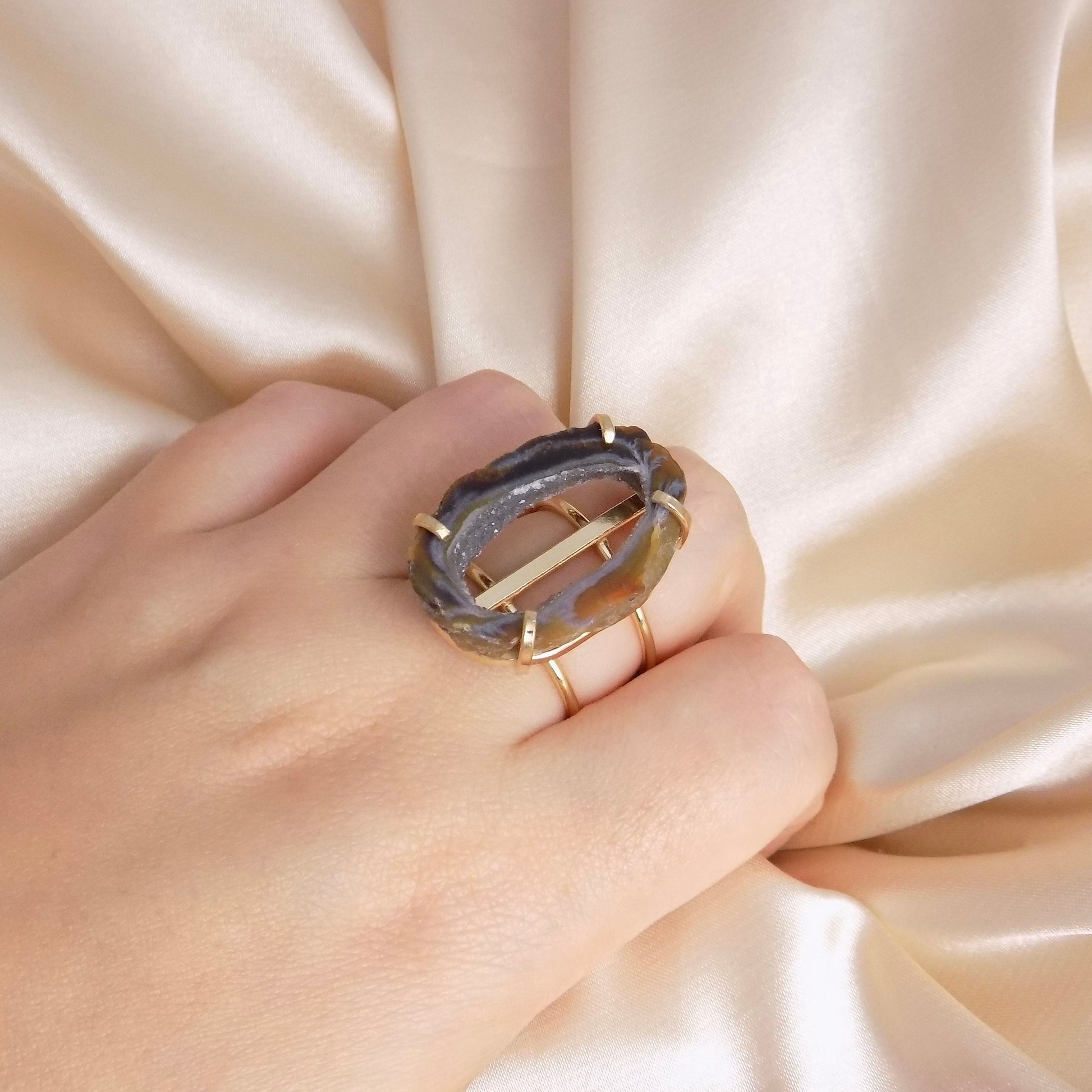 Brown Geode Slice Ring Gold Plated Adjustable Band, Druzy Gemstone, G15-100