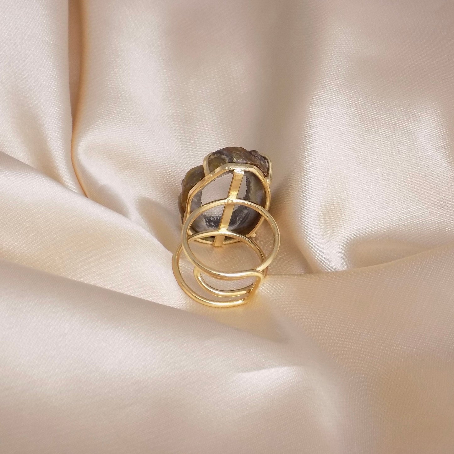 Brown Geode Slice Ring Gold Plated Adjustable Band, Druzy Gemstone, G15-100