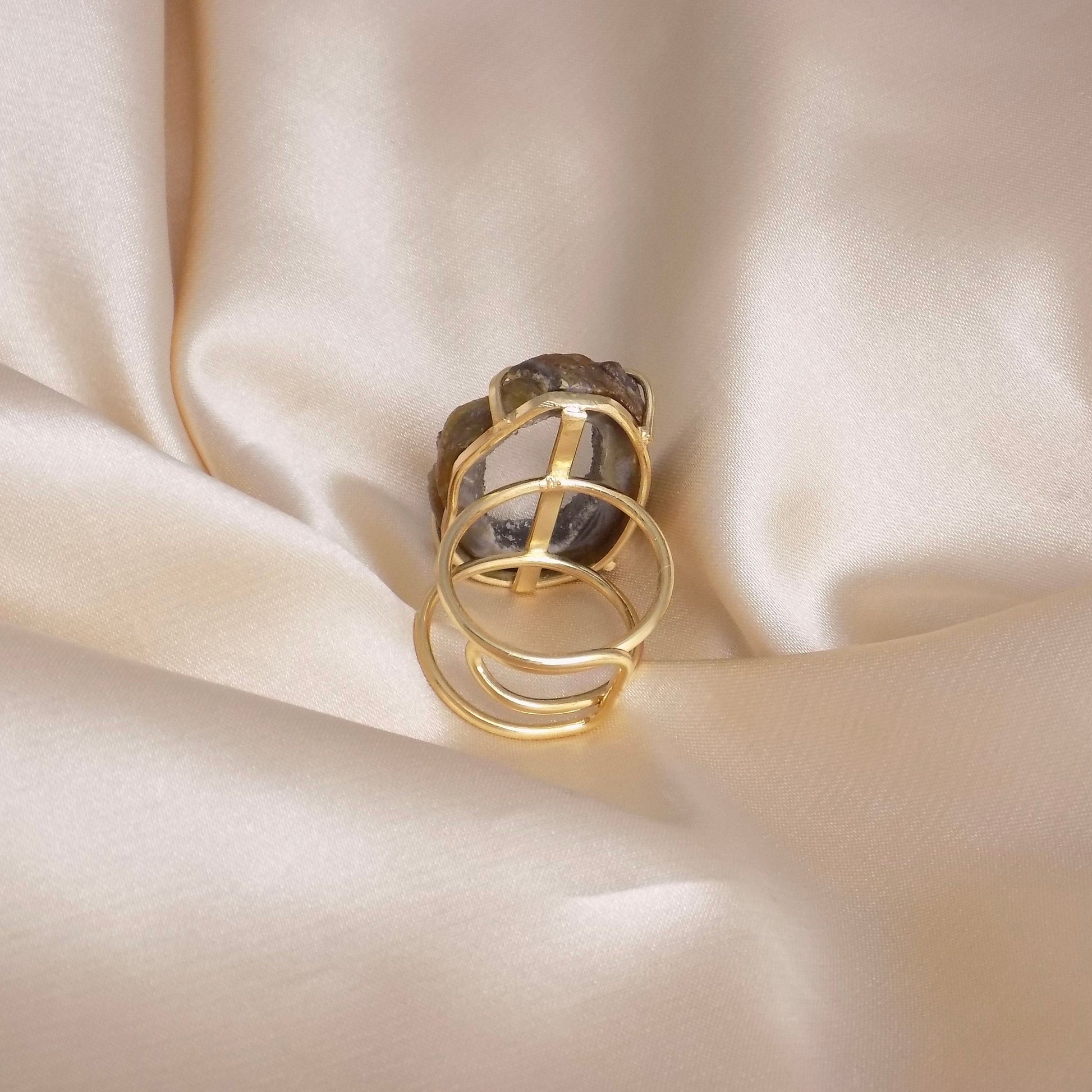 Brown Geode Slice Ring Gold Plated Adjustable Band, Druzy Gemstone, G15-100