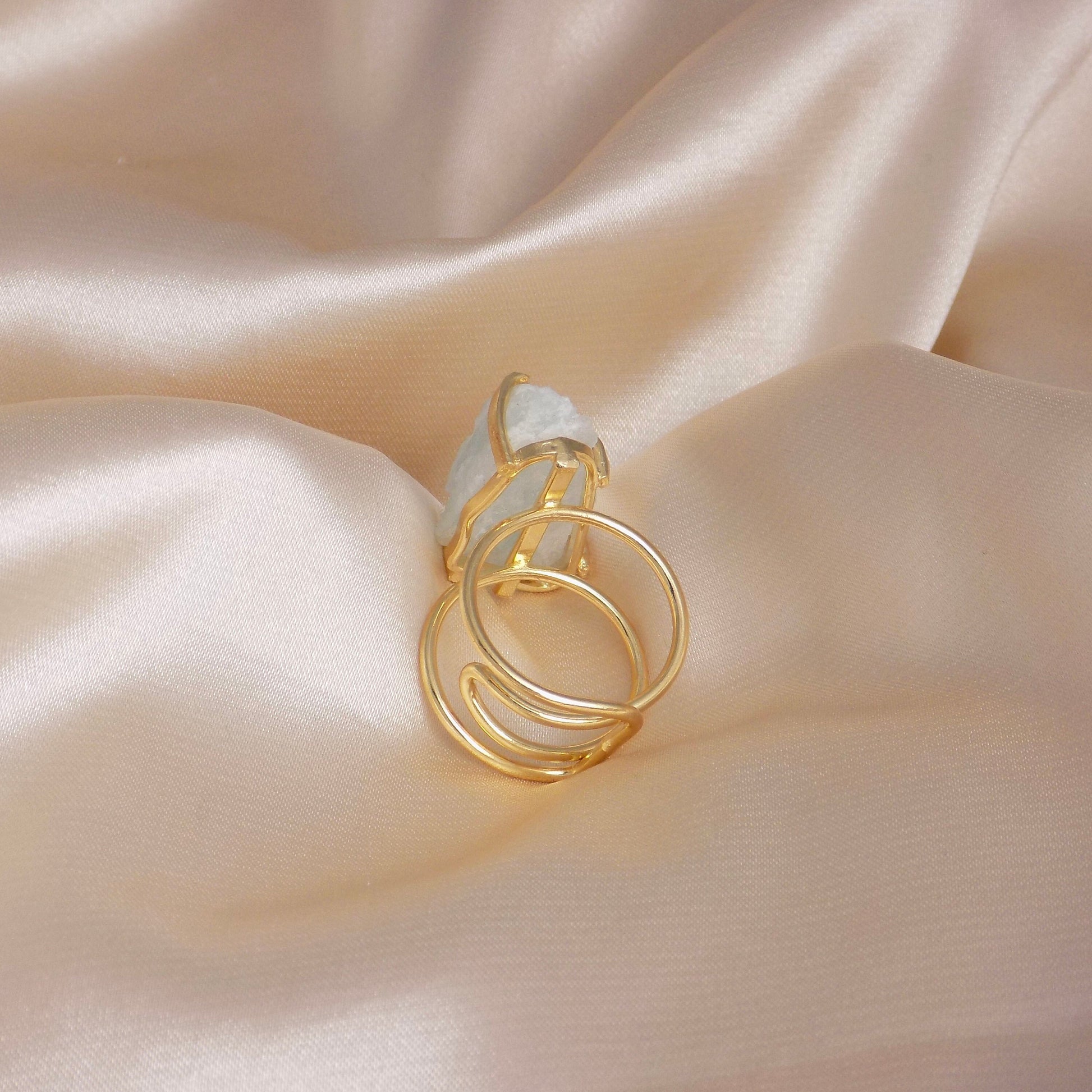 Raw Natural Aquamarine Light Blue Gemstone Crystal Ring Gold Plated Adjustable Band, G14-819
