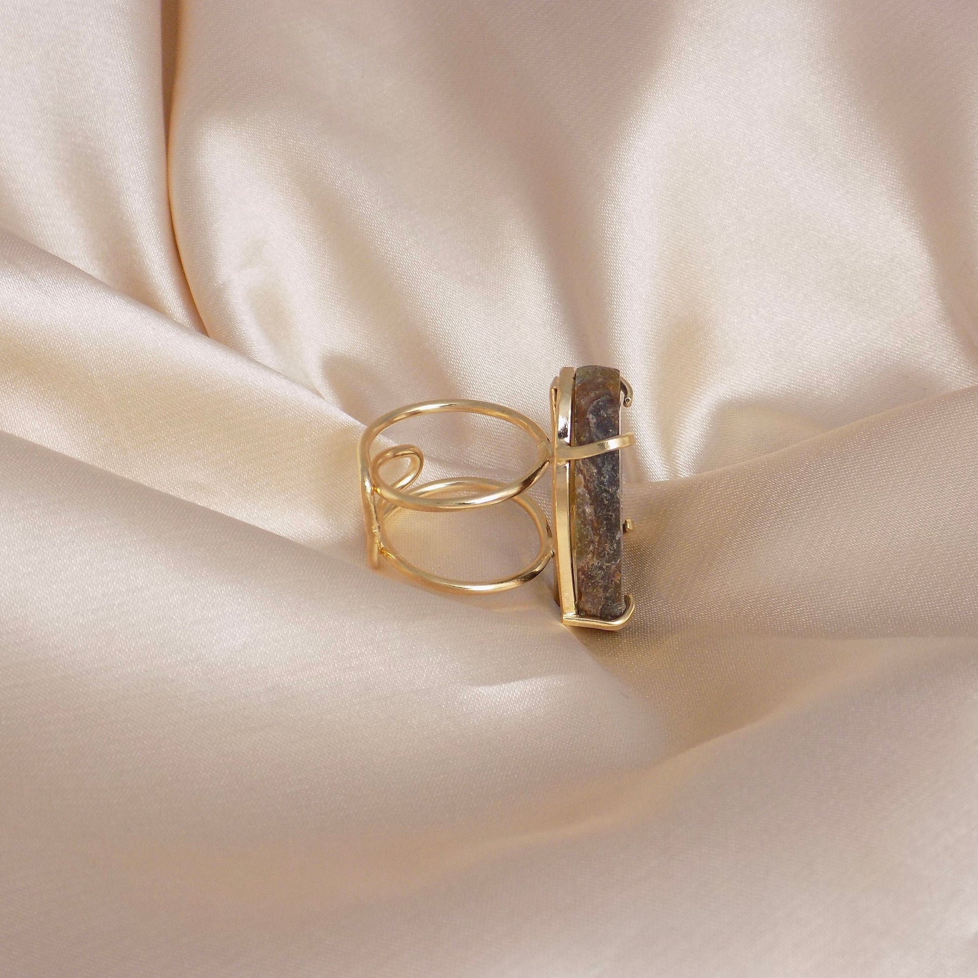 Brown Geode Slice Ring Gold Plated Adjustable Band, Druzy Gemstone, G15-100