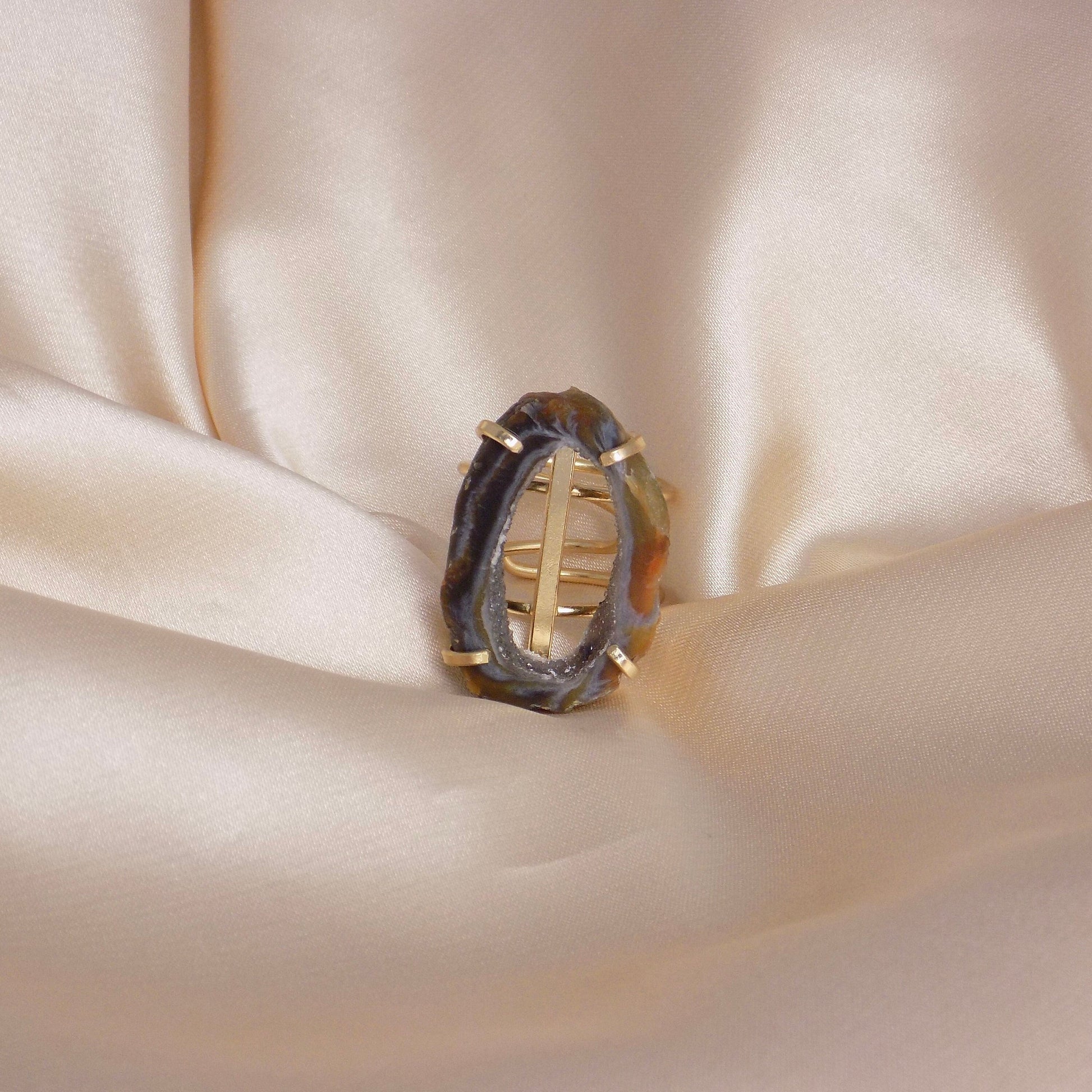 Brown Geode Slice Ring Gold Plated Adjustable Band, Druzy Gemstone, G15-100