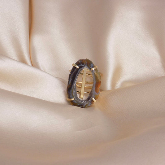 Brown Geode Slice Ring Gold Plated Adjustable Band, Druzy Gemstone, G15-100