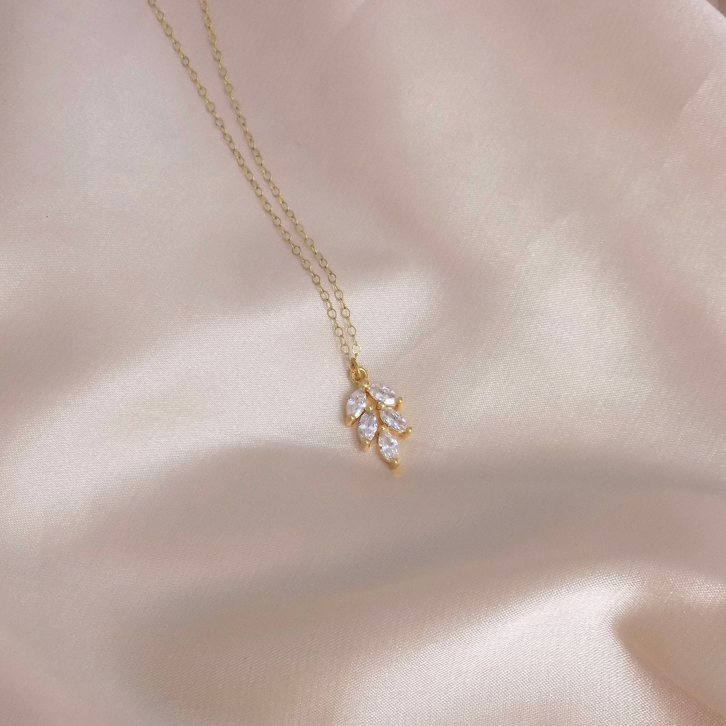 Bridal Necklace, Clear Crystal Sparkly Leaf Necklace Gold, Dainty Crystal Jewelry, Gifts For Her, M7-43