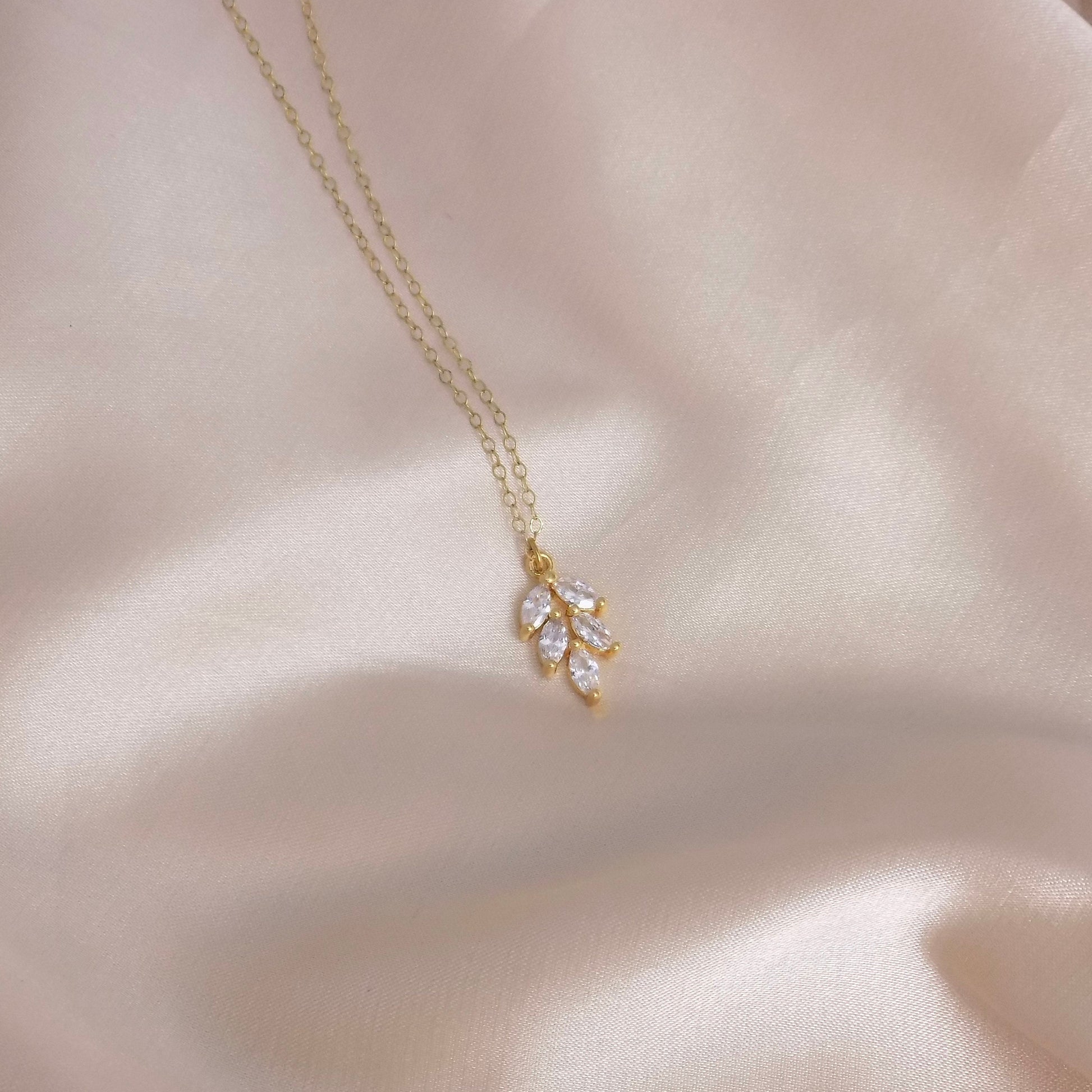 Bridal Necklace, Clear Crystal Sparkly Leaf Necklace Gold, Dainty Crystal Jewelry, Gifts For Her, M7-43