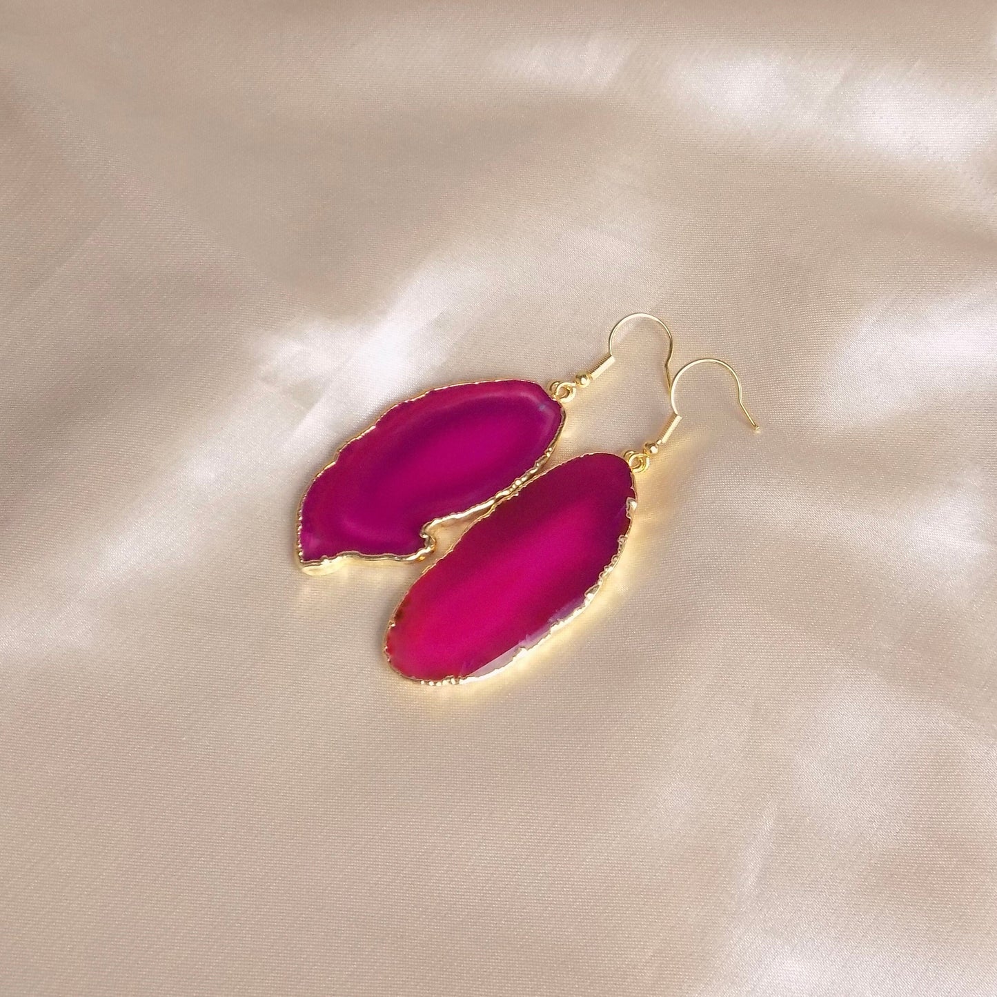 Unique Pink Agate Slice Earrings Gold, Geode Gemstone Earrings Dangle, Gifts For Her, G15-132