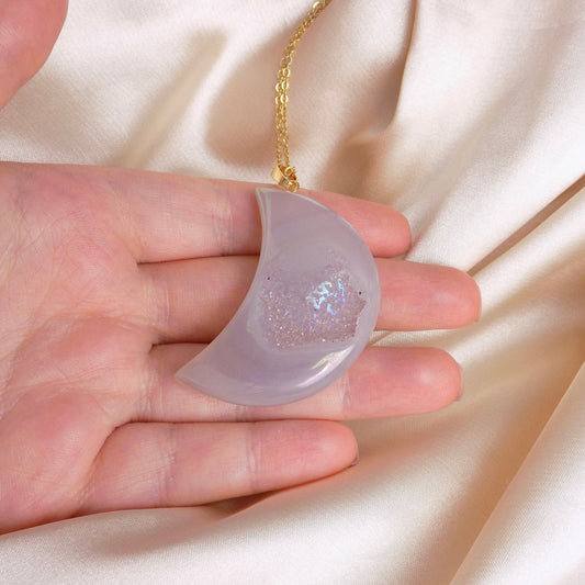 Aura Quartz Geode Necklace Gold, Unique Iridescent Crescent Moon Crystal Jewelry Boho, Gift For Her, M7-63