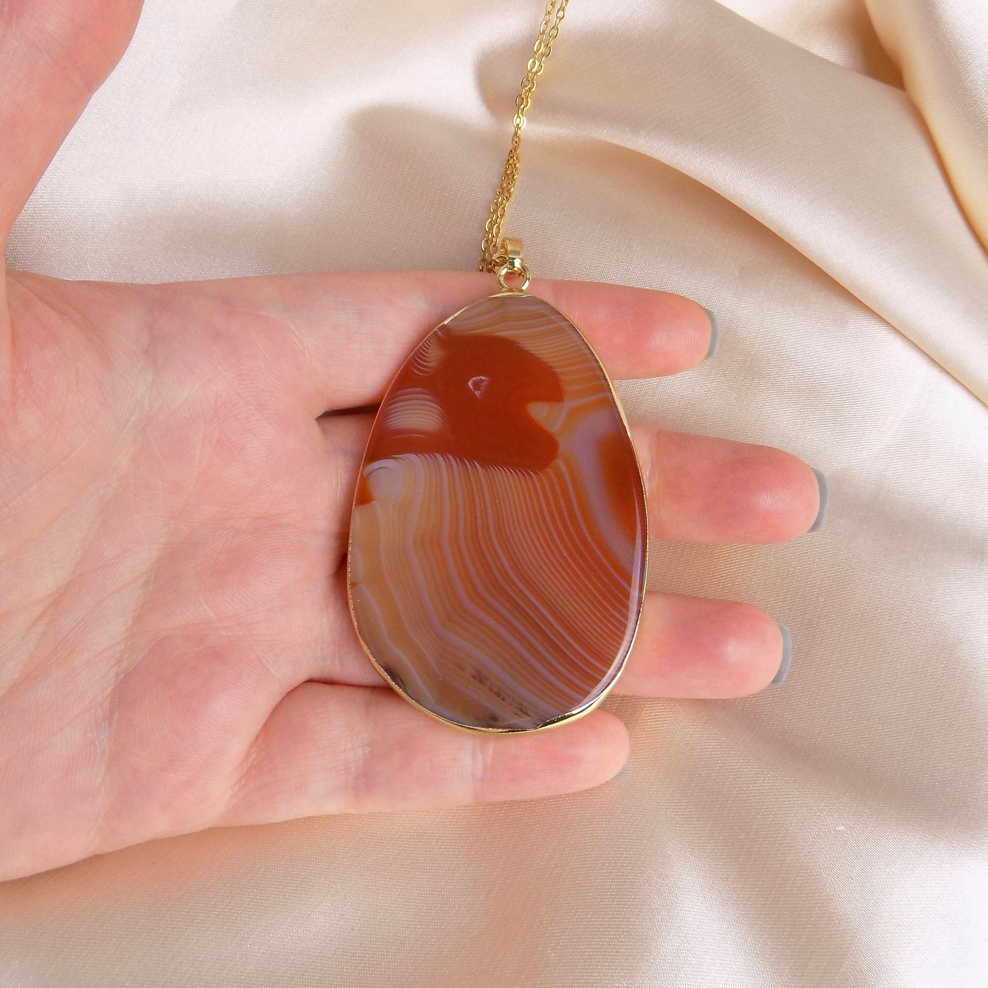Extra Large Agate Necklace Gold, Orange Brown Agate Slice, Boho Long Layer, Gift For Mom, G15-06