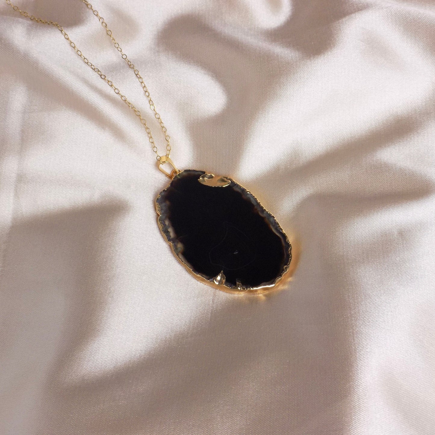 Large Black Agate Necklace Gold, Crystal Slice Pendant For Women, Gifts For Mom, G15-148