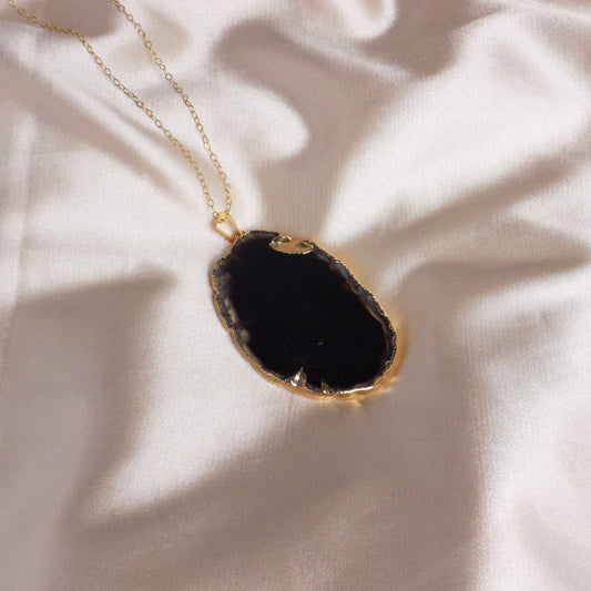 Large Black Agate Necklace Gold, Crystal Slice Pendant For Women, Gifts For Mom, G15-148
