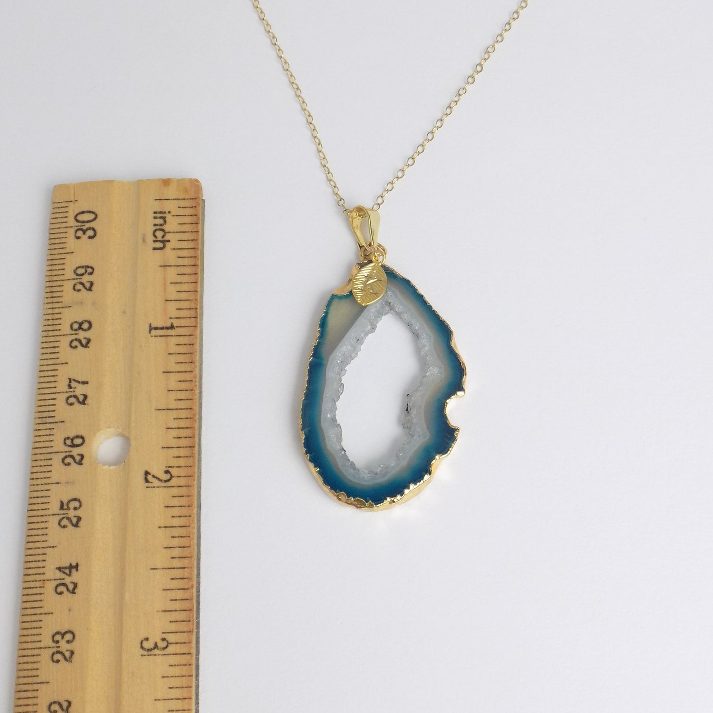 Natural Geode Slice Crystal Necklace in Teal Blue Gold Dipped with Custom Stamped Initial, G14-843
