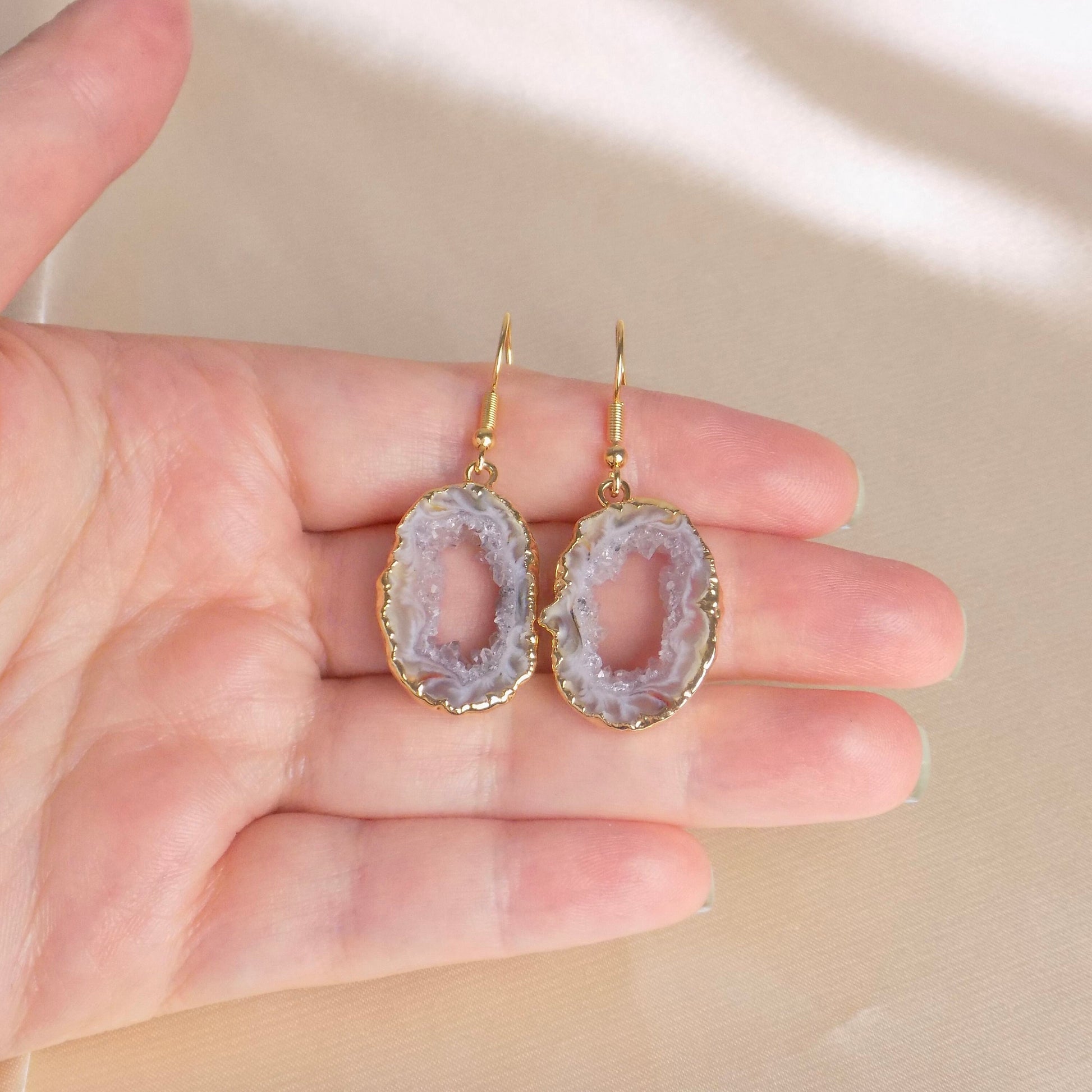 Natural Geode Gemstone Earrings Gold, Natural Stone Slice Jewelry For Women, G15-154