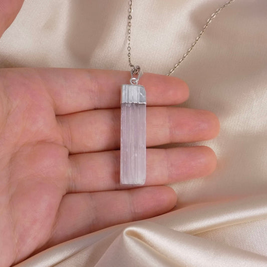 Pink Selenite Necklace Silver, Raw Selenite Natural Gemstone Pendant, Boho Cleansing Crystal Jewelry, G15-141