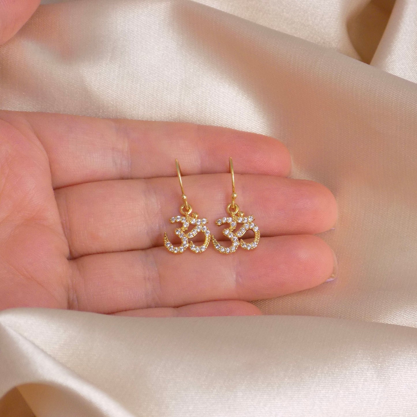 Gift Women, Gold Ohm Om Minimalist Earrings Zircon, Delicate CZ Drop Earring, M5-611