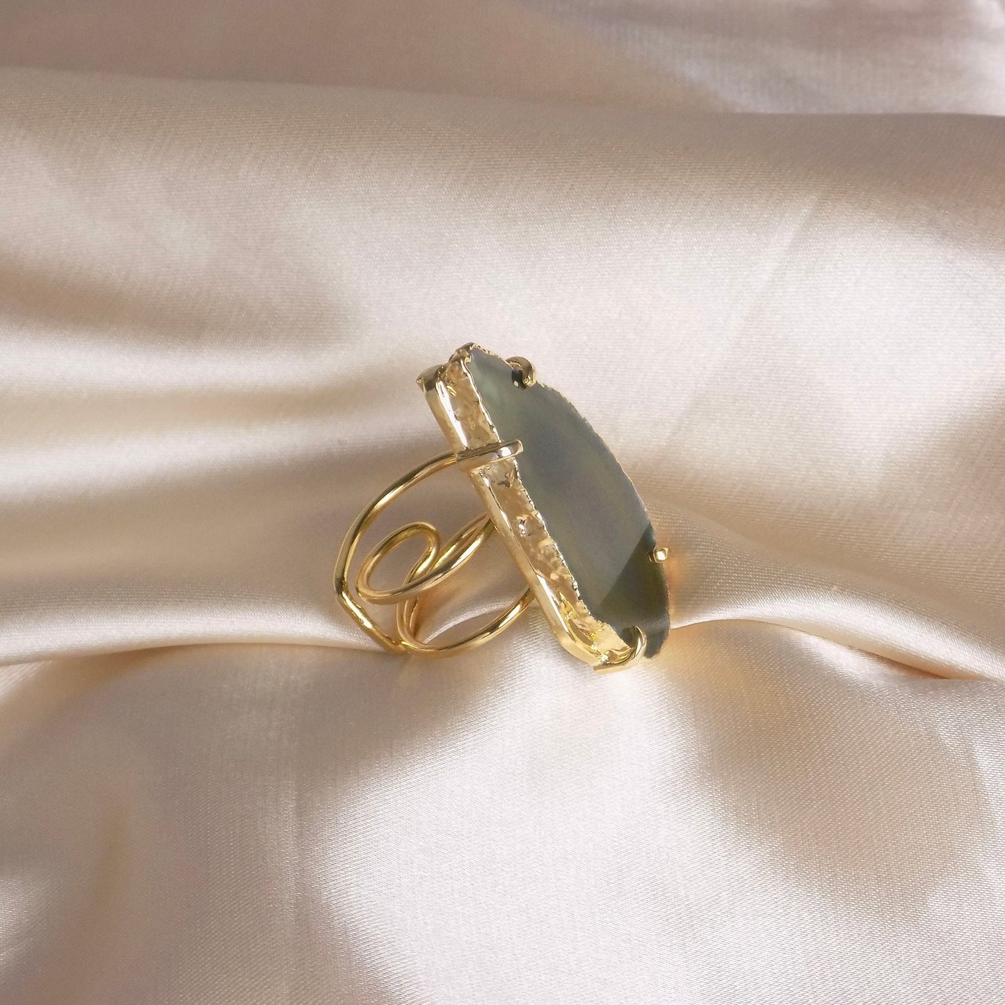 Boho Large Crystal Ring For Women, Green Agate Statement Ring Gold Plated Adjustable, G15-143