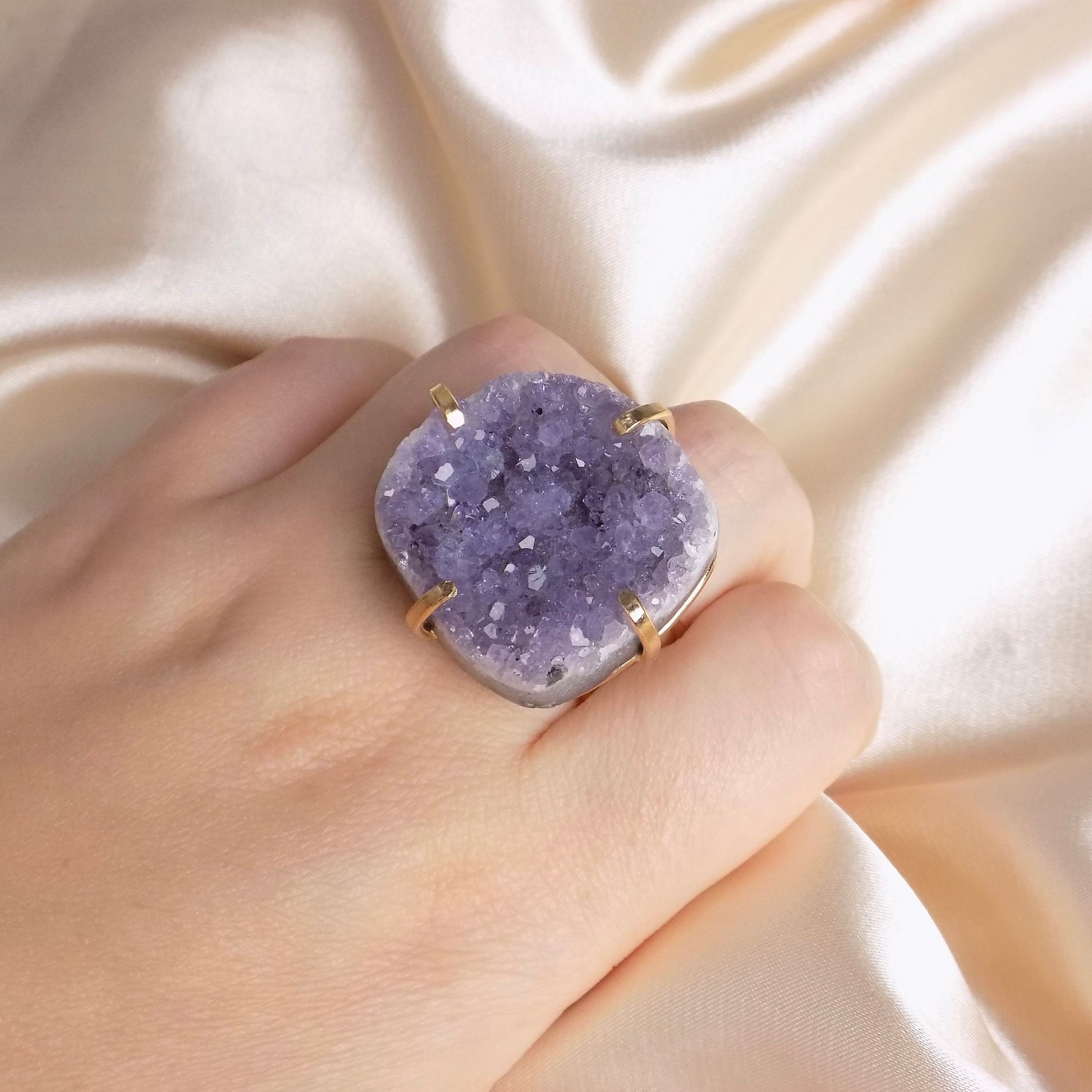 Large Amethyst Ring Gold Adjustable, Purple Raw Druzy Ring For Women, Statement Crystal Ring, Christmas Gift Women, G15-149
