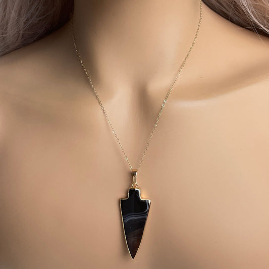 Black Agate Arrowhead Necklace Gold, Crystal Slice Pendant For Women, Gifts For Mom, M7-71