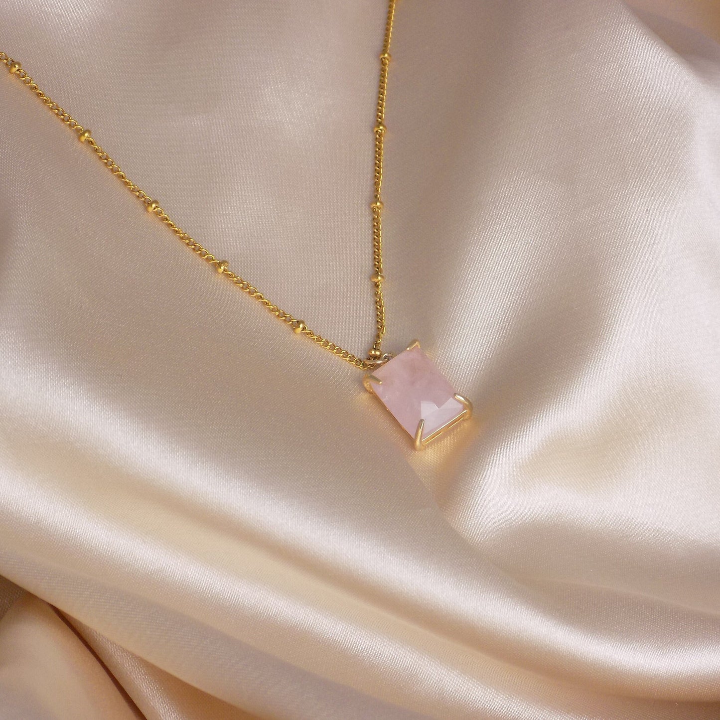 Square Rose Quartz Pendant on Satellite Chain 18K Gold Plated - Stunning Gemstone Jewelry