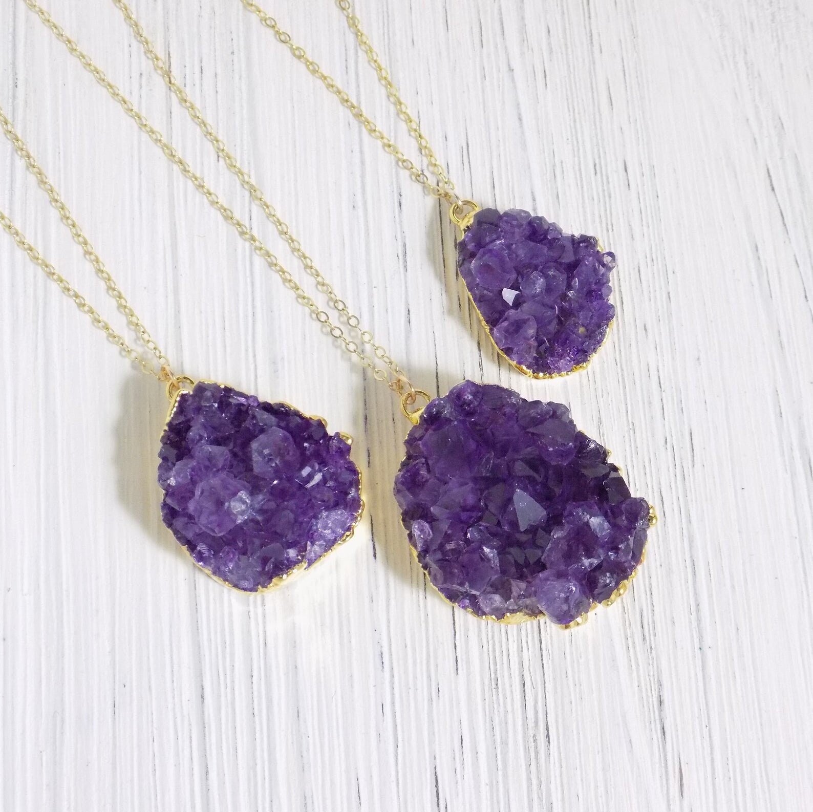 Raw Amethyst Necklace - Druzy Necklace Gold