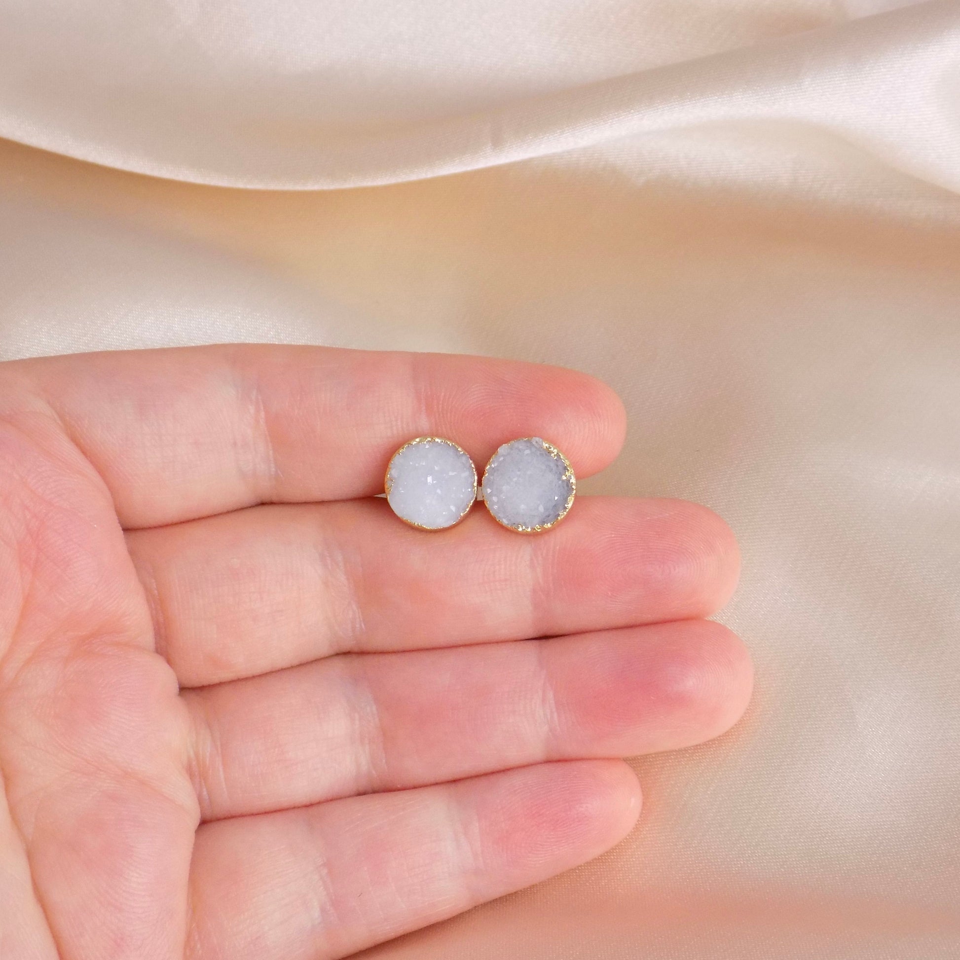 Light Gray Druzy Gemstone Stud Earrings Gold, 10mm Raw Gemstone, Mothers Day Gift, M6-762