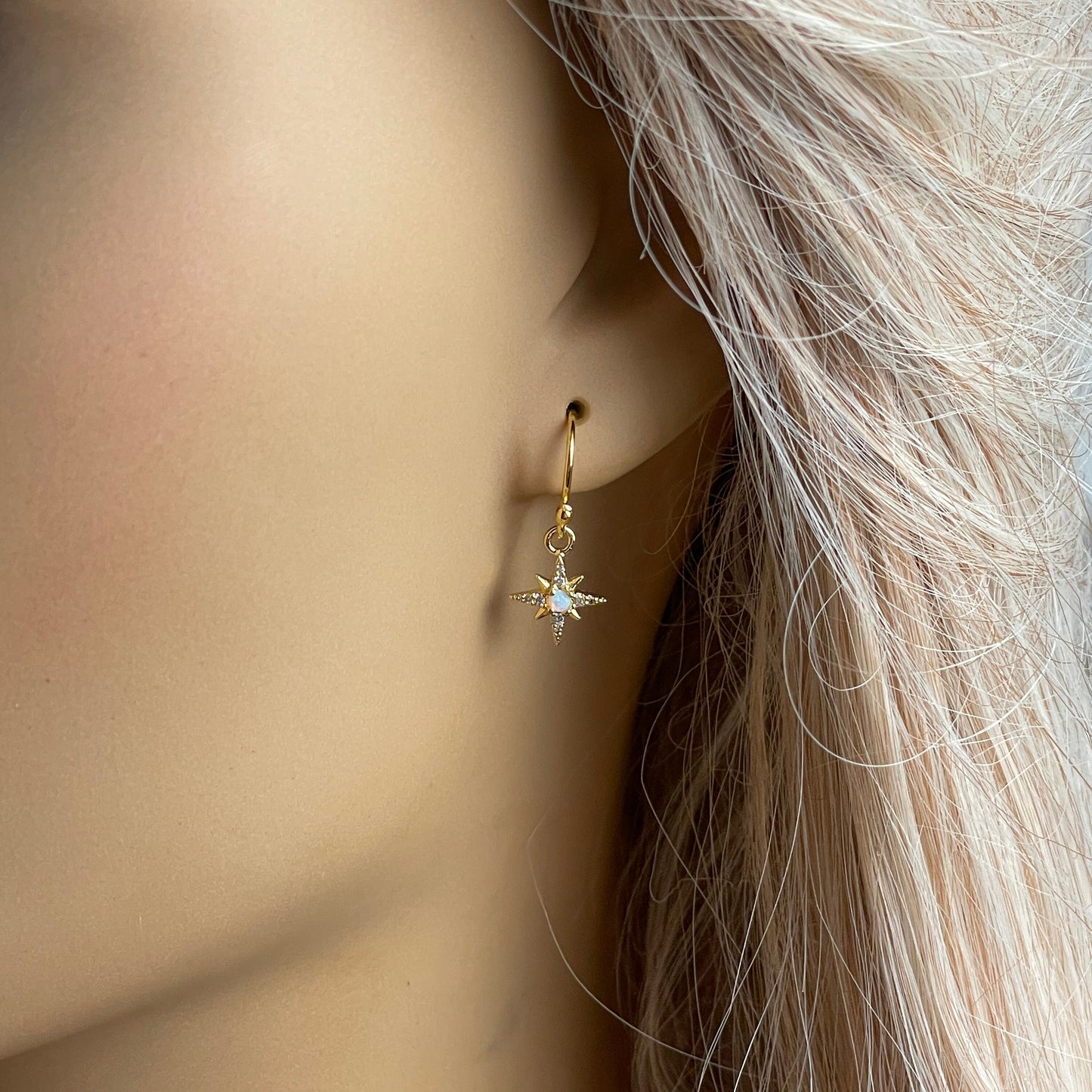 Gold Opal Star Earrings - Tiny Drop Opal Earring