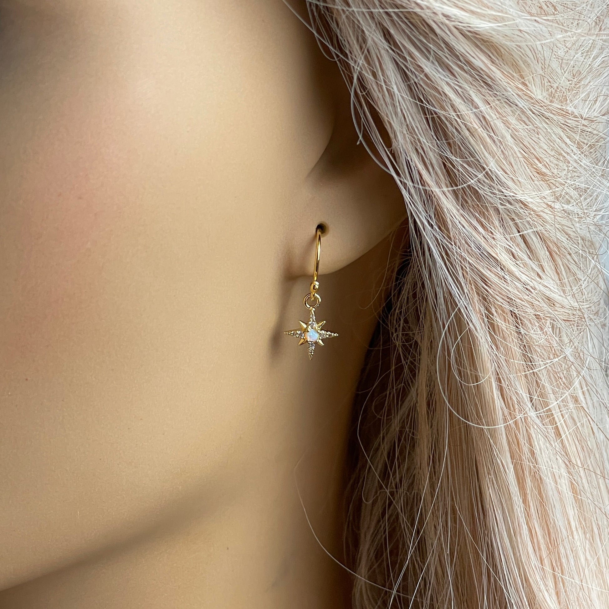 Gold Opal Star Earrings - Tiny Drop Opal Earring