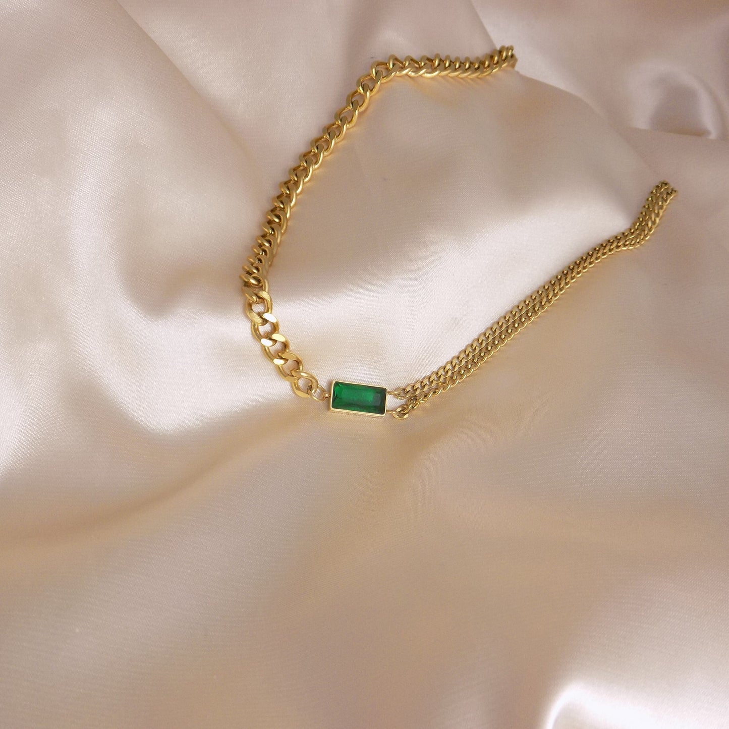Unique Choker Necklace 18K Gold Stainless Steel - Emerald Green Rectangle Crystal
