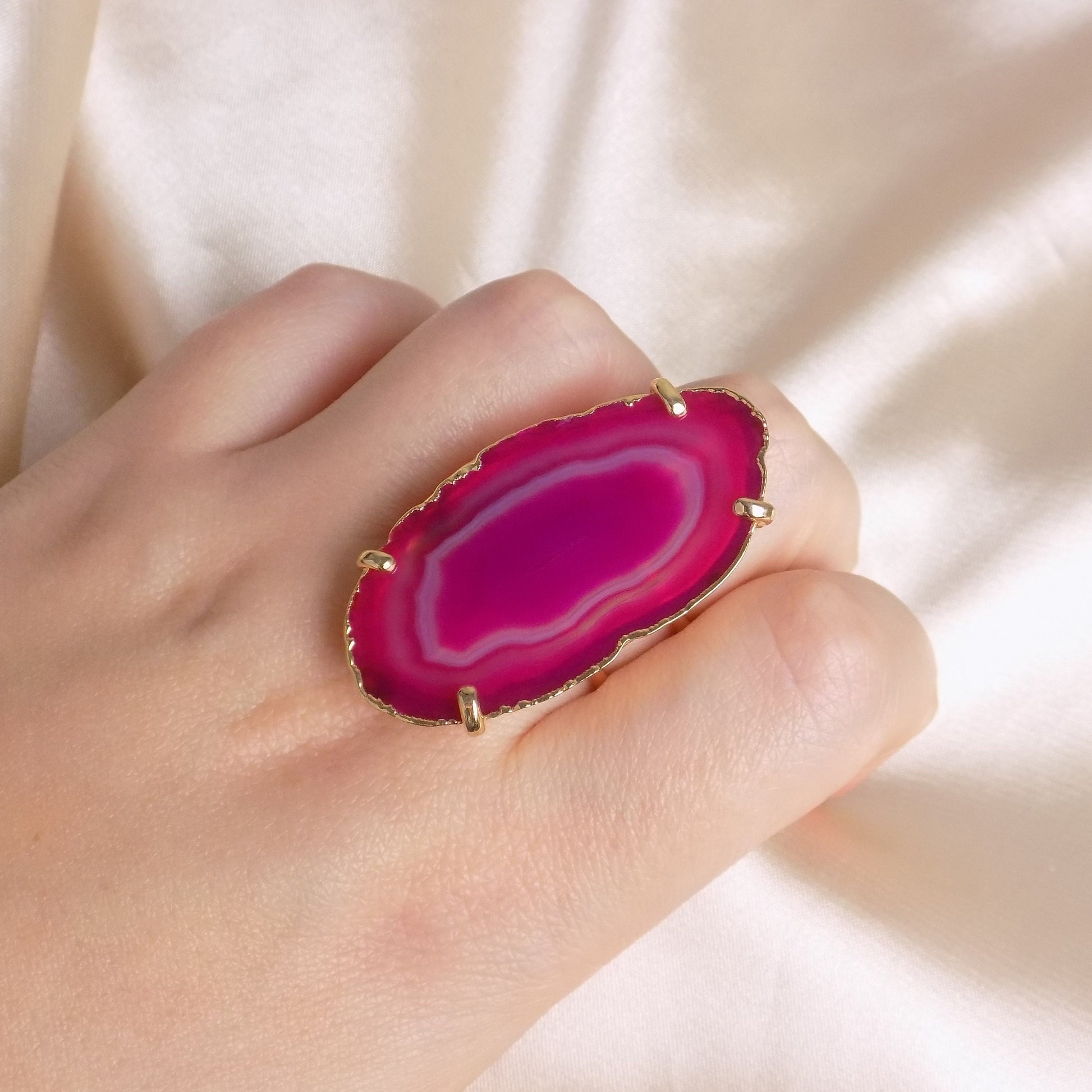 Unique Pink Agate Ring Gold Plated Adjustable - Boho Statement Jewelry