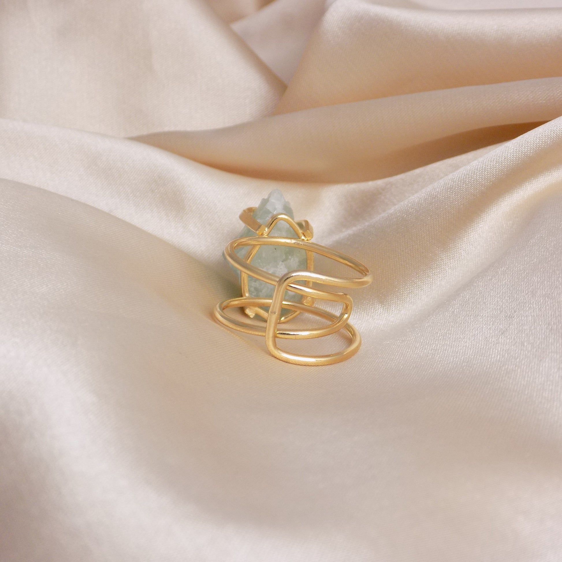 Raw Aquamarine Gemstone Ring Gold Plated Adjustable Band - Light Blue Crystal Jewelry Boho