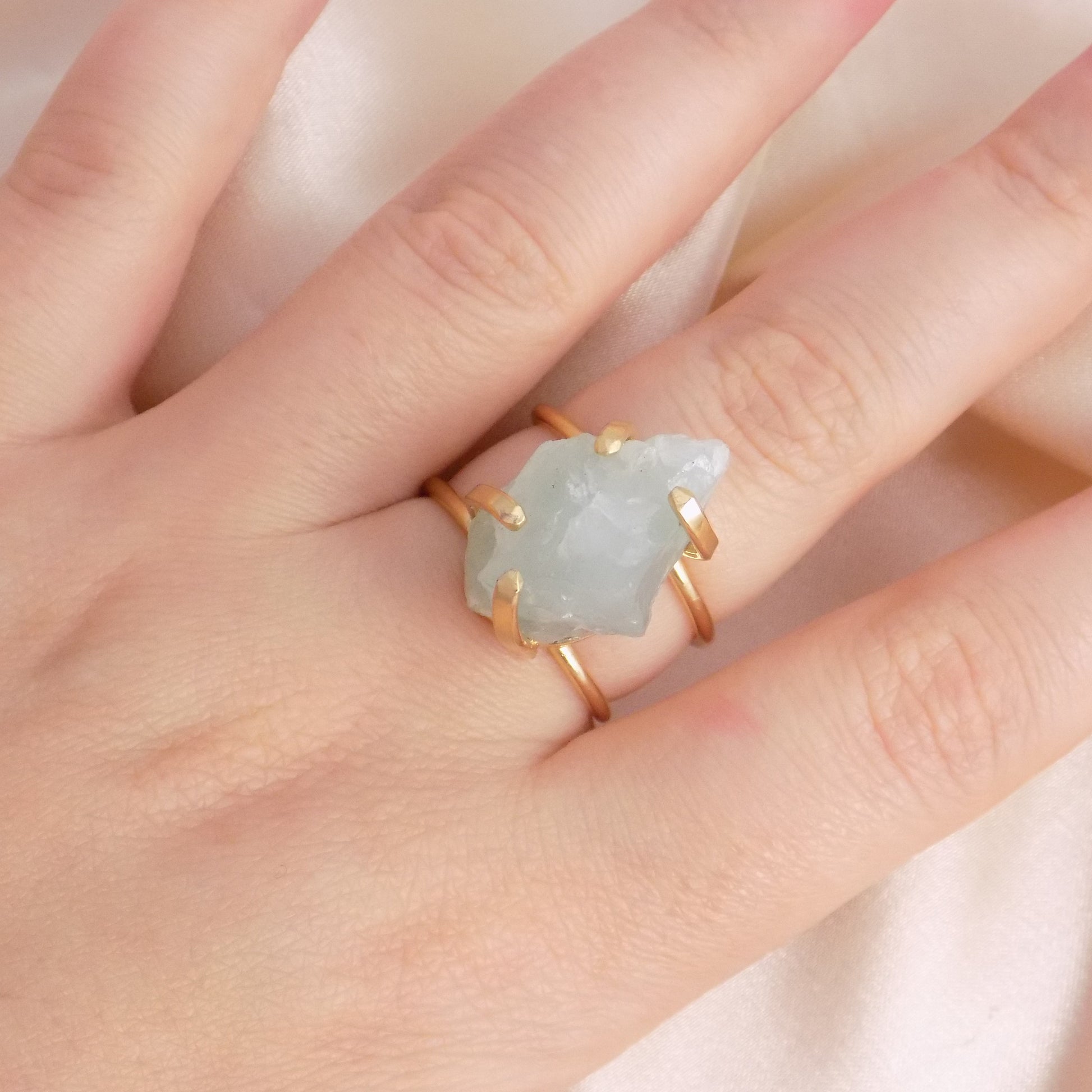 Raw Aquamarine Gemstone Ring Gold Plated Adjustable Band - Light Blue Crystal Jewelry Boho