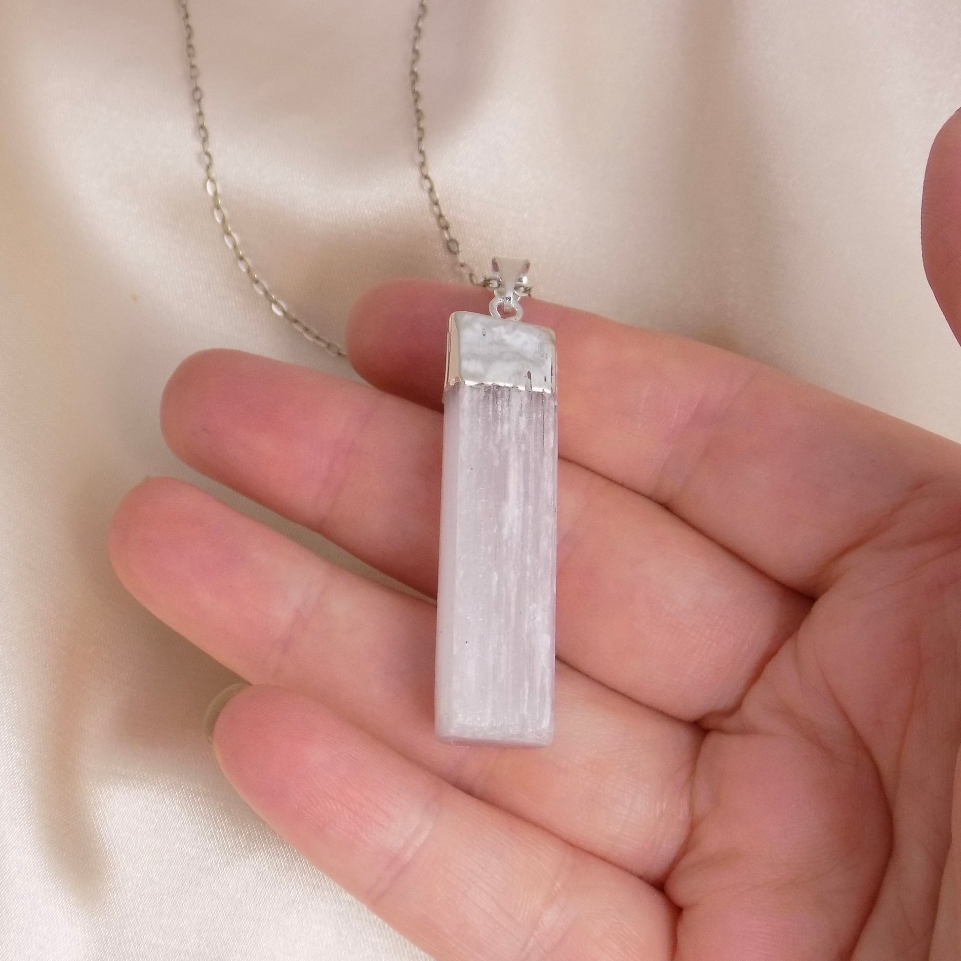 Healing Crystals, Pink Selenite Necklace Silver, Raw Selenite Pendant Necklace, Boho Calming Stone, Gift For Best Friend, G15-217