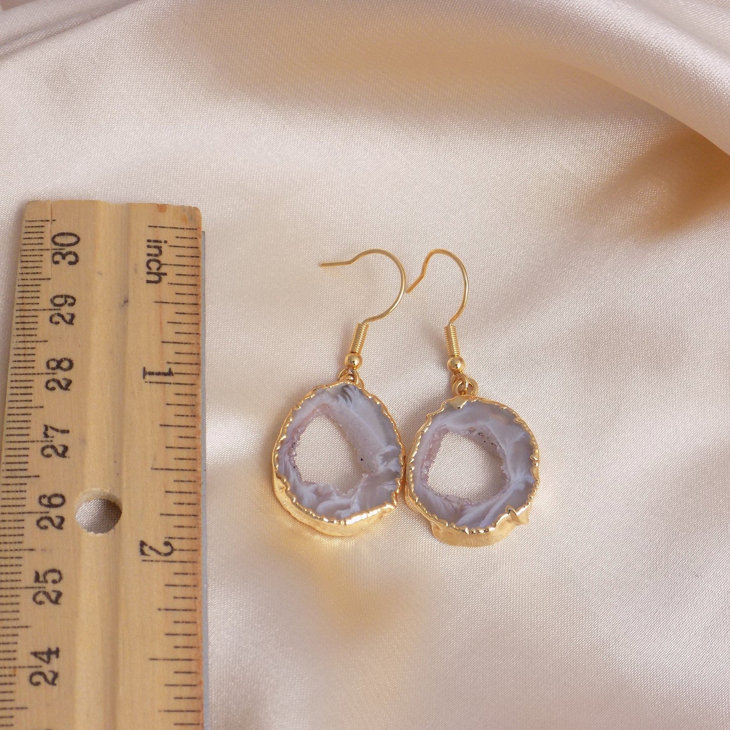 Christmas Gift For Her - Gray Geode Natural Gemstone Earrings Gold - G15-232