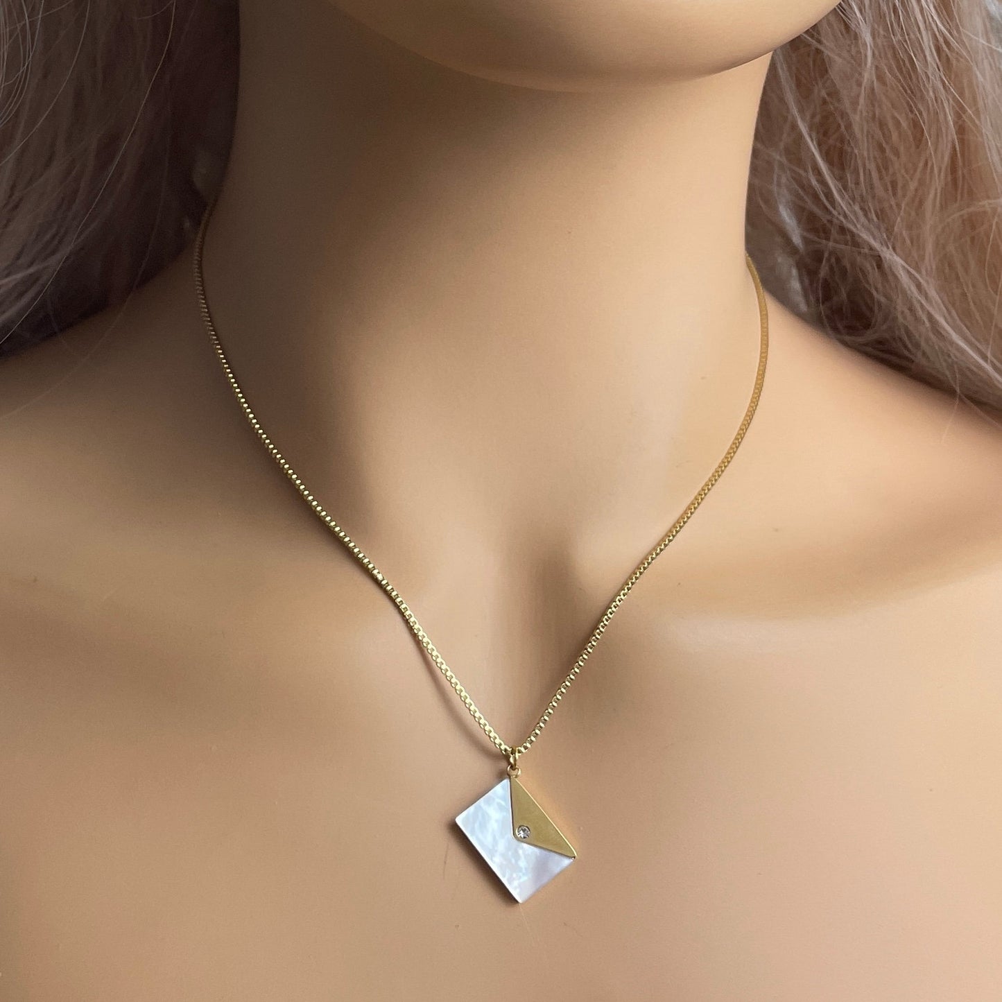 Gold Envelope Necklace with Mother of Pearl - Minimalist Layering Necklace